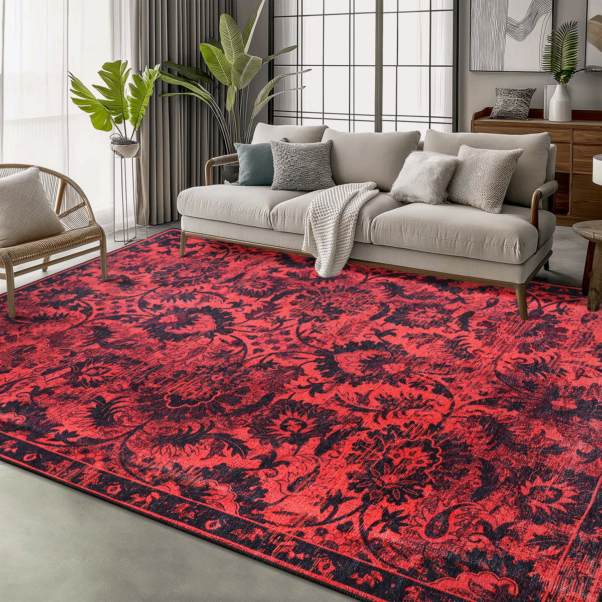 Machine washable red vintage floral rug by Netline Home, damask-inspired oriental carpet for living room, bedroom, or dining space.