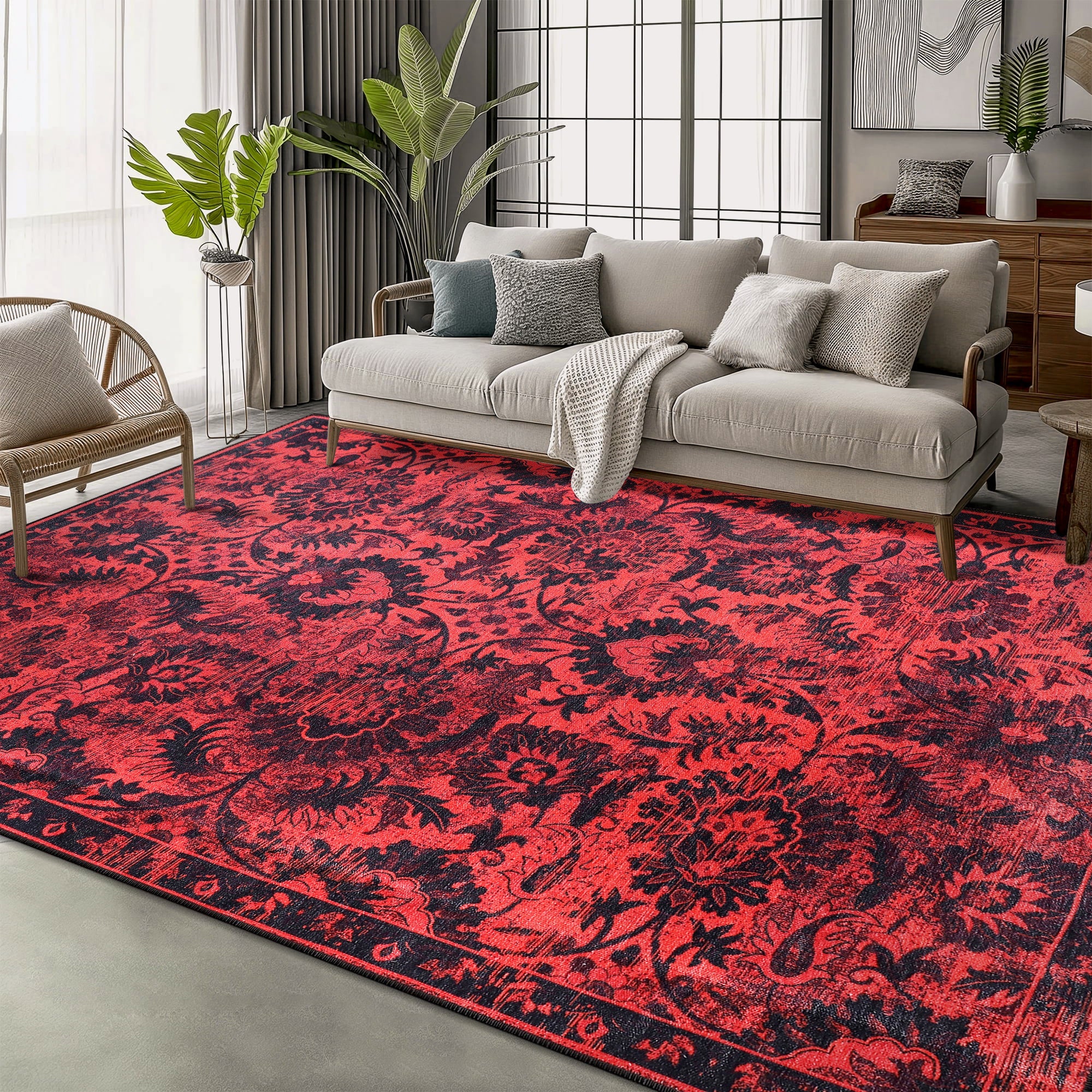Netline Home Rugs Depot RW1010 – Machine Washable Red Vintage Floral Rug | Damask-Inspired Oriental Carpet for Living Room, Bedroom & Dining