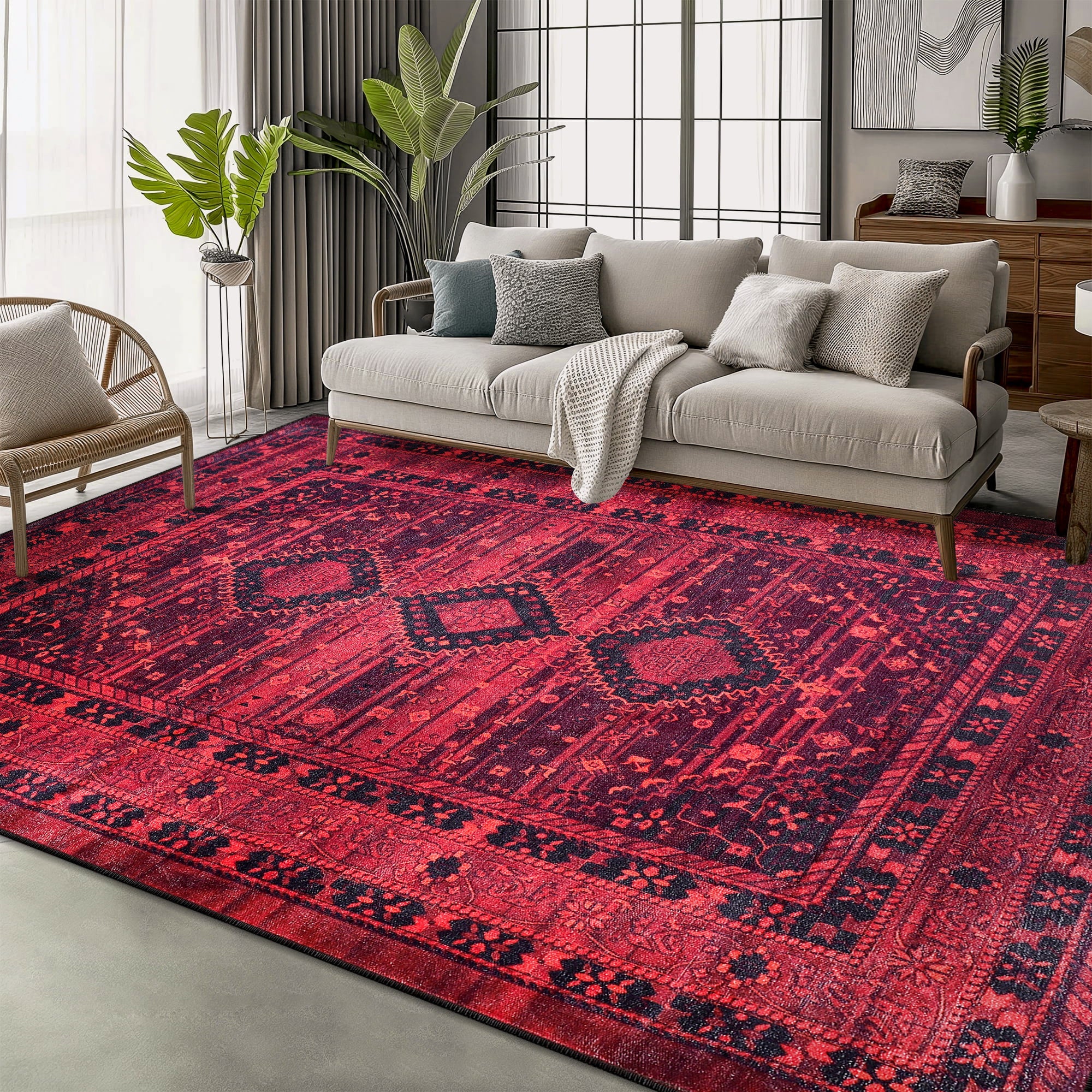 Netline Home Rugs Depot RW1009 – Machine Washable Red Tribal Medallion Rug | Oriental Geometric Carpet for Living Room, Bedroom & Office