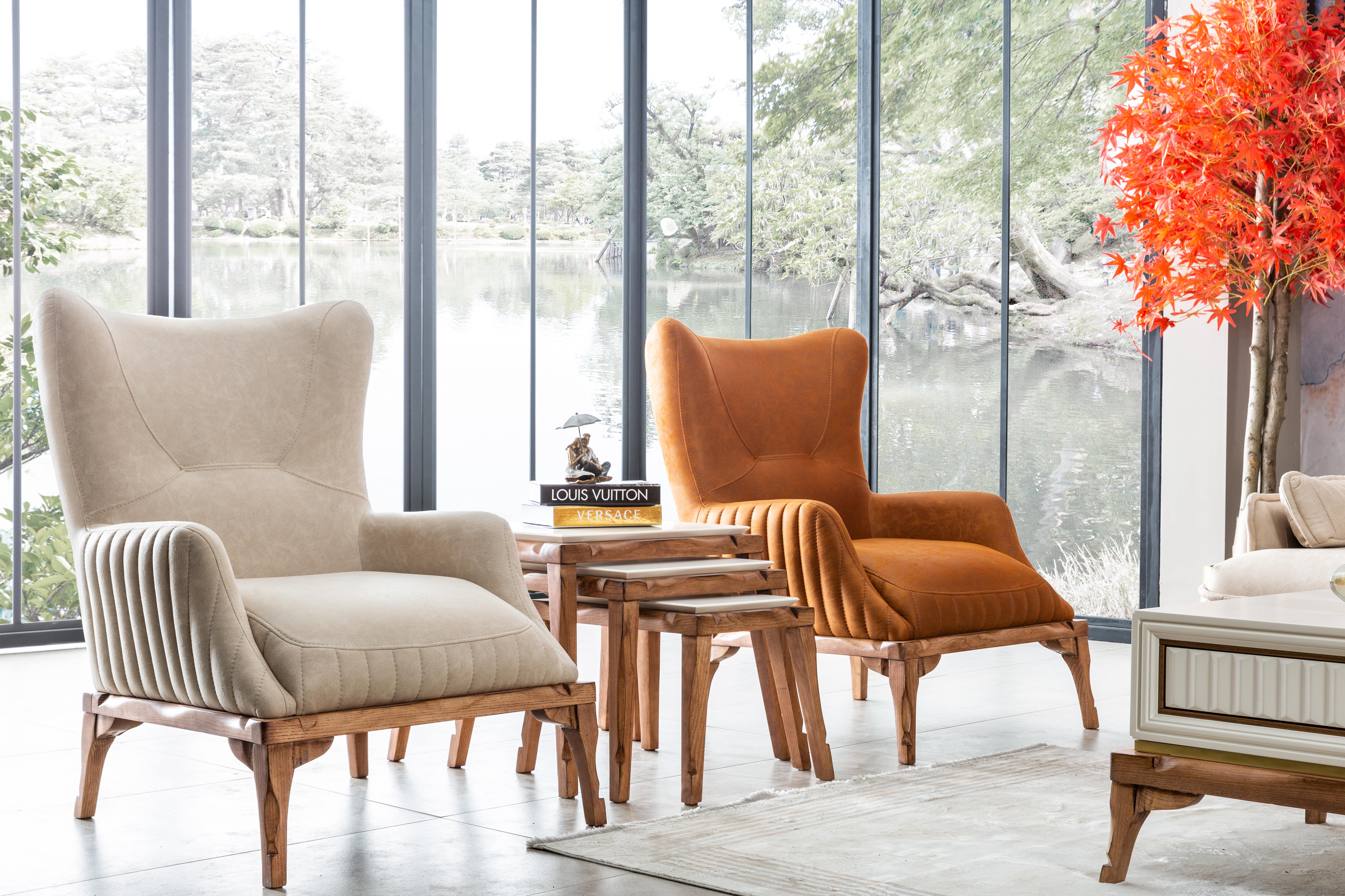 Netline Home Interior Tetra Armchair in neutral fabric, showcasing its modern design and comfortable accent seating.