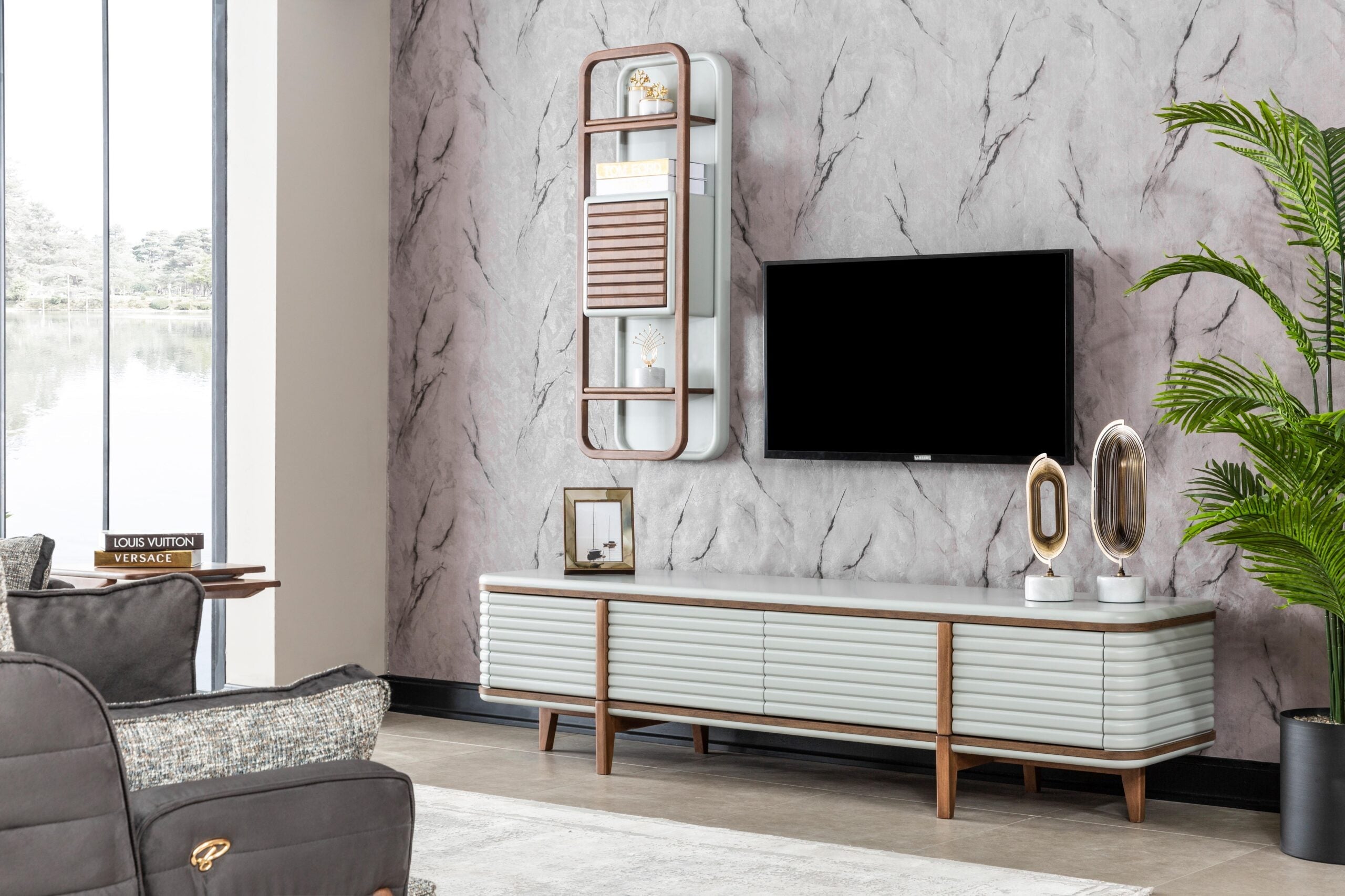 Contemporary Bentley TV unit by Netline Home Interior with sleek media storage and modern design, shown in a living room setting.