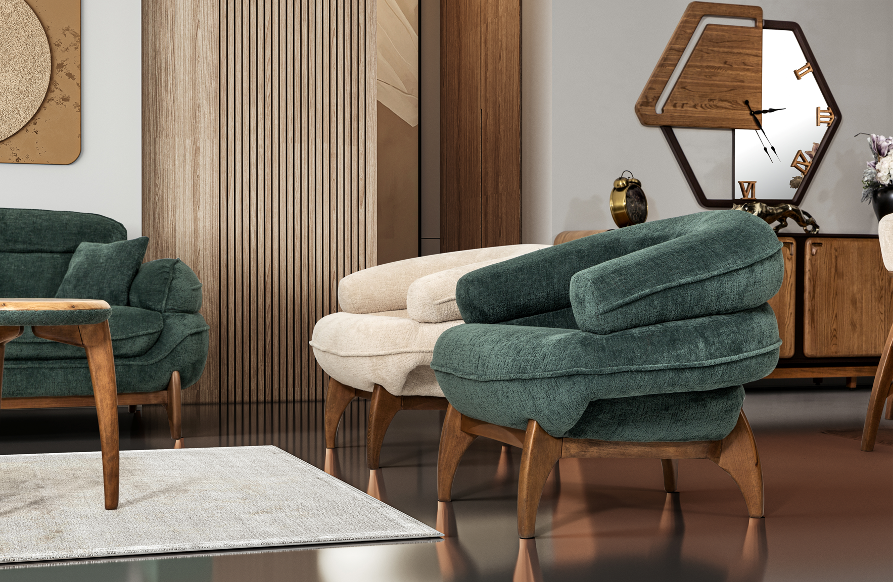 Modern Mustang sofa set by Netline Home Interior featuring plush fabric cushions and sleek design for stylish living room comfort.