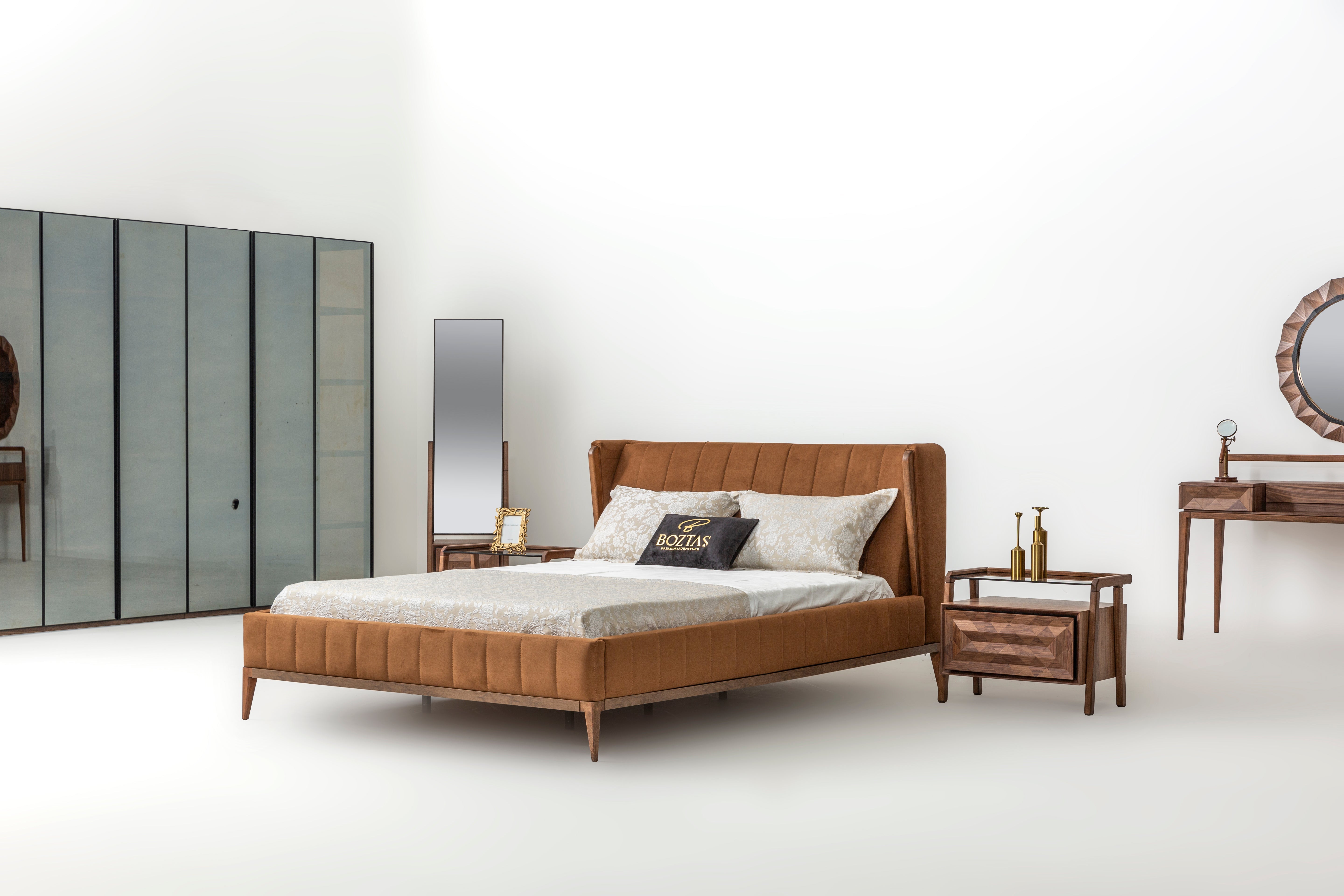 Netline Home Interior Maserati bedroom set with bed, nightstands, and dresser in a modern bedroom style.