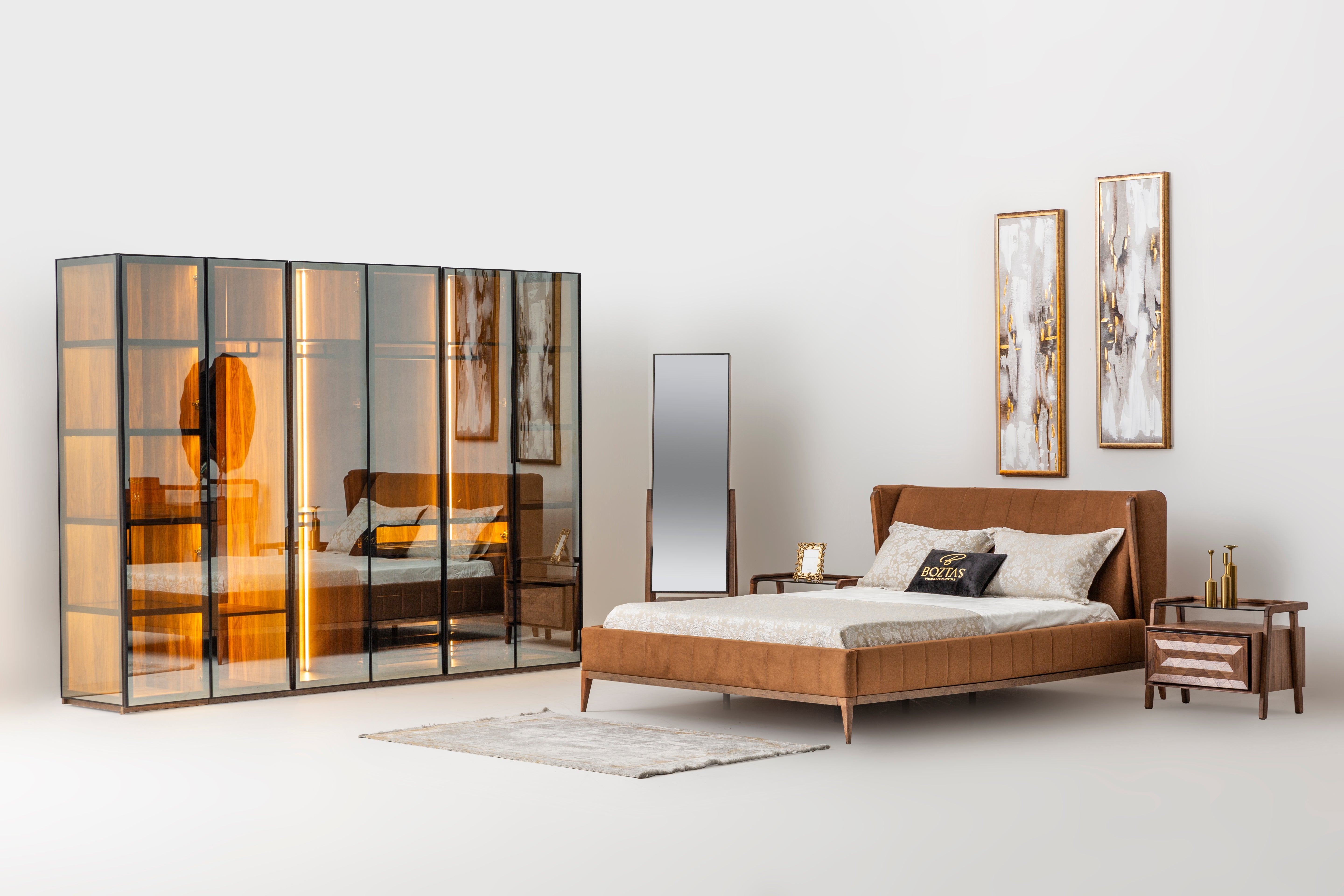 Netline Home Interior Maserati bedroom set includes a bed, nightstands, and dresser in a stylish bedroom decor.