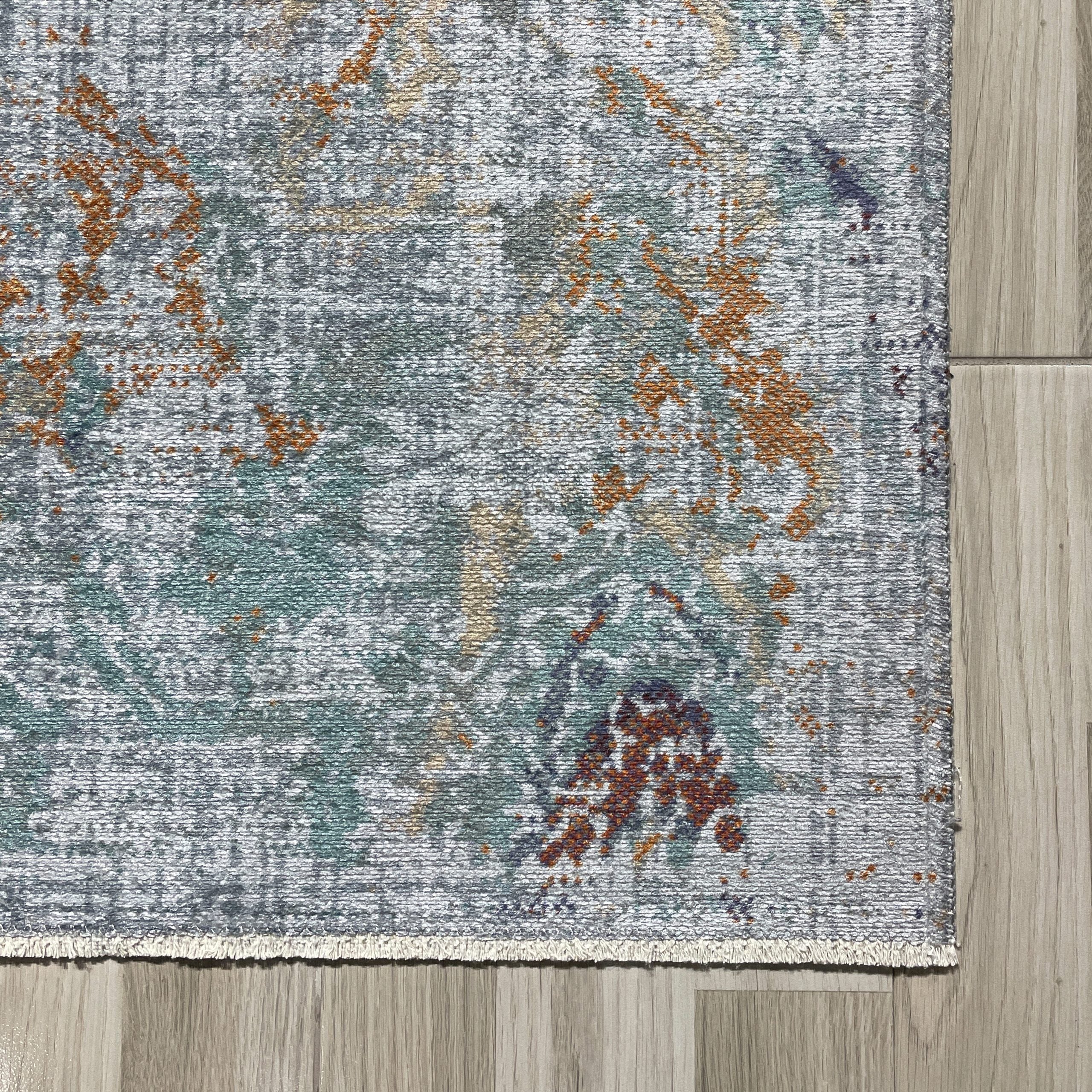 Netline Home Gray Silver Green Khaki Modern Machine Washable Chenille Rug Design NH7088 - Detailed Photoshoot - Netline Home