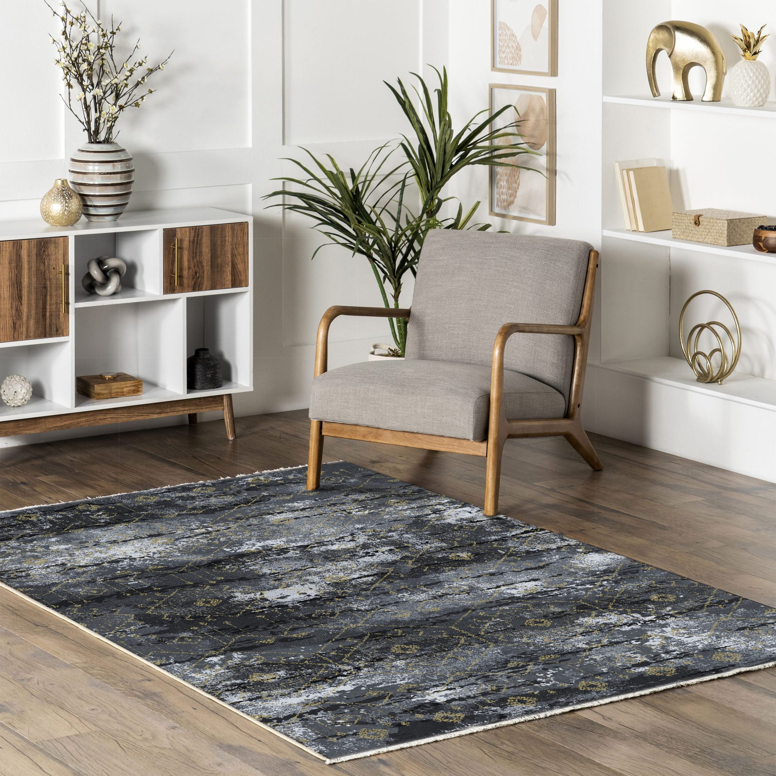 Netline Home Yellow Gold Black Anthracite Modern Machine Washable Chenille Rug Design NH7090 - Gallery Image 8 - Netline Home