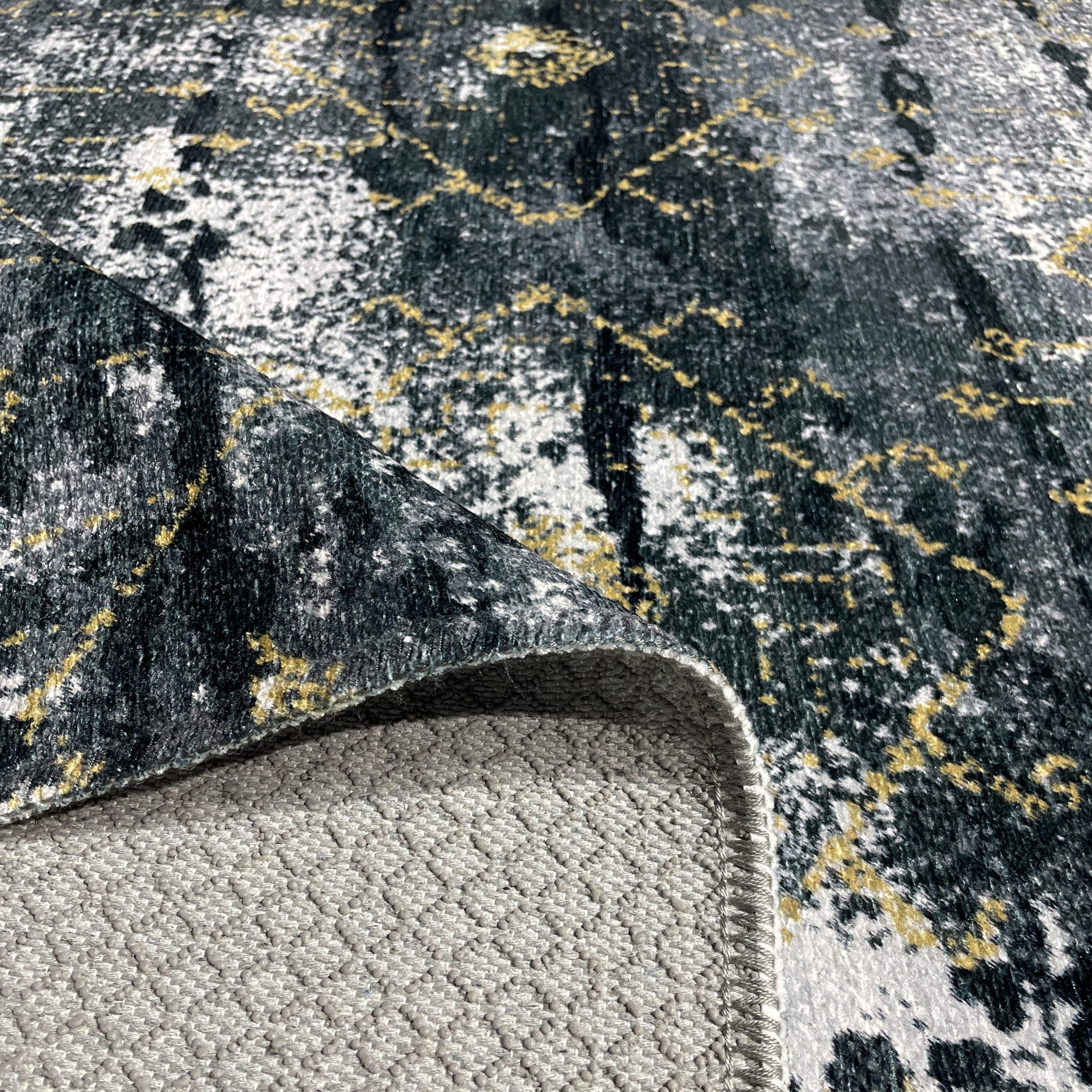 Netline Home Yellow Gold Black Anthracite Modern Machine Washable Chenille Rug Design NH7090 - Gallery Image 4 - Netline Home