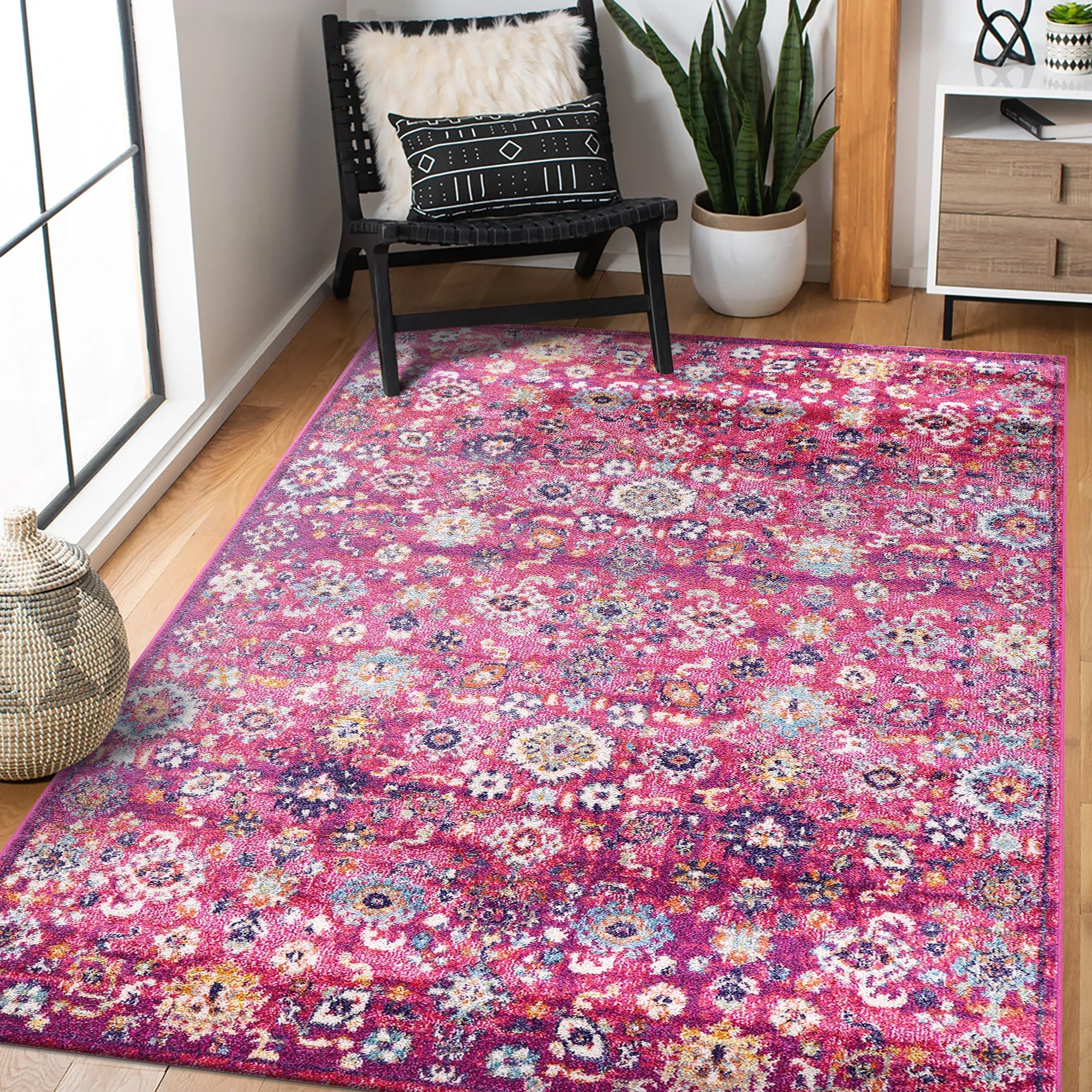 Vintage Area Rug 7653 – Pink Boho Floral Medallion