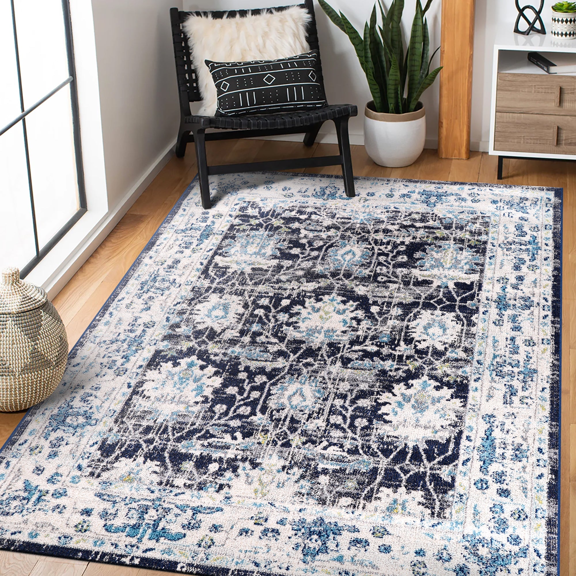 Vintage Area Rug 7652 – Blue Navy Distressed Floral