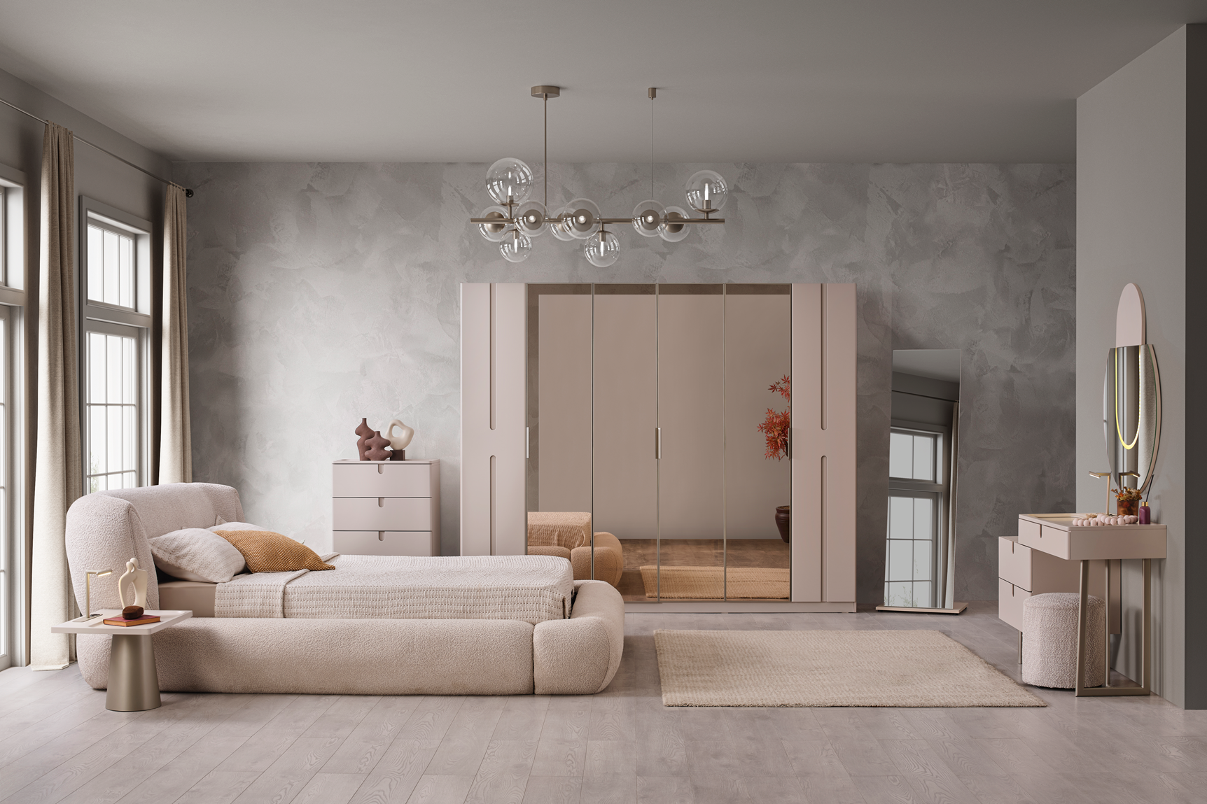 Netline Home Interior Vegas bedroom set with bed frame, matching nightstands, and stylish bedroom furniture arrangement.