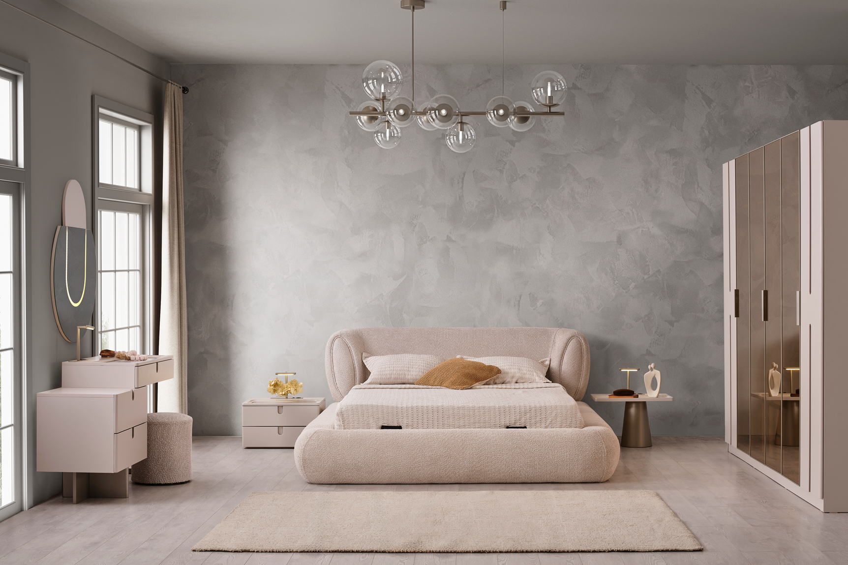 Netline Home Interior Vegas Bedroom Set with bed, nightstands, and dresser in a modern bedroom layout.