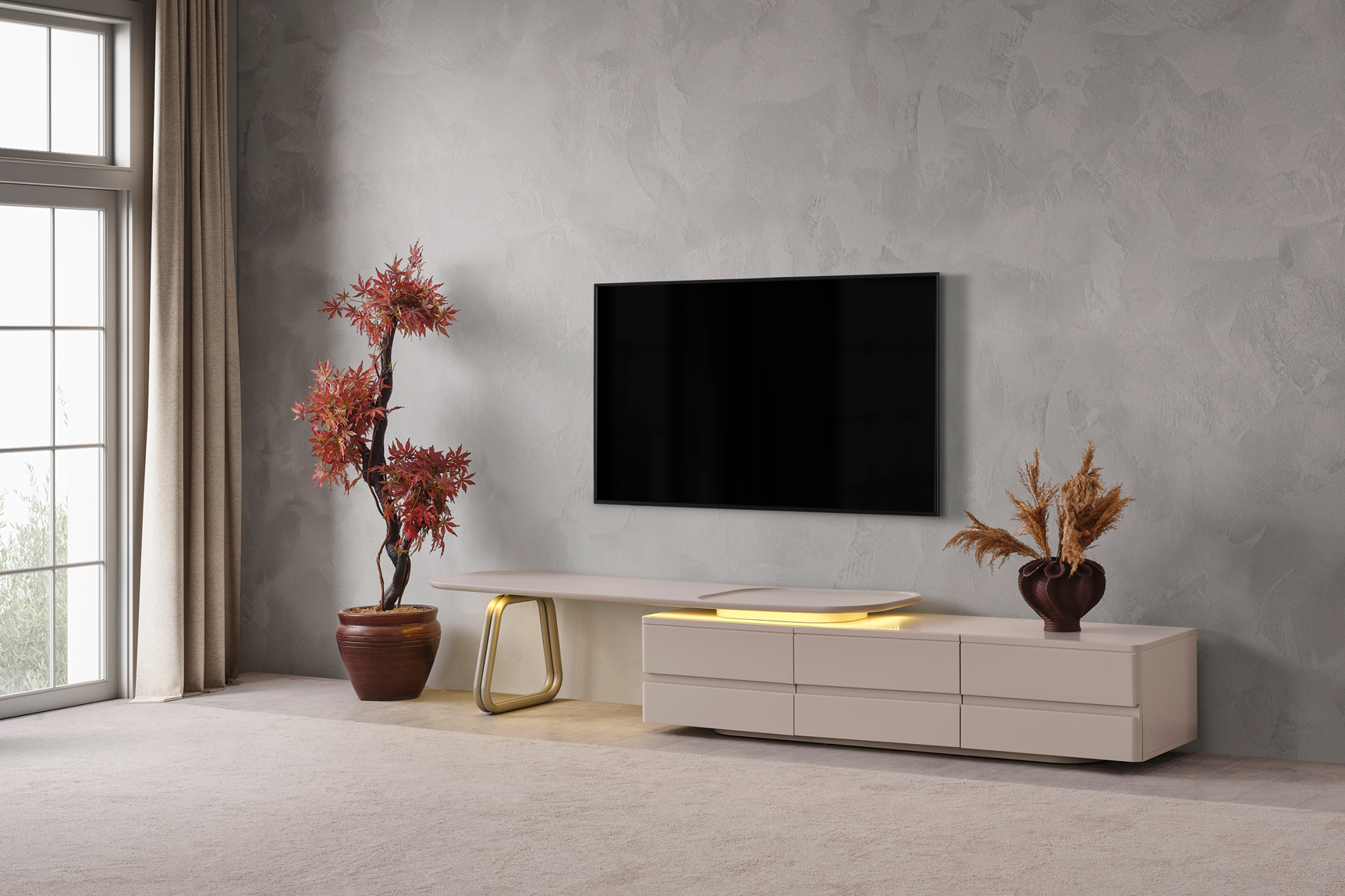 Contemporary Vegas TV unit by Netline Home Interior featuring sleek media storage with open and closed compartments.