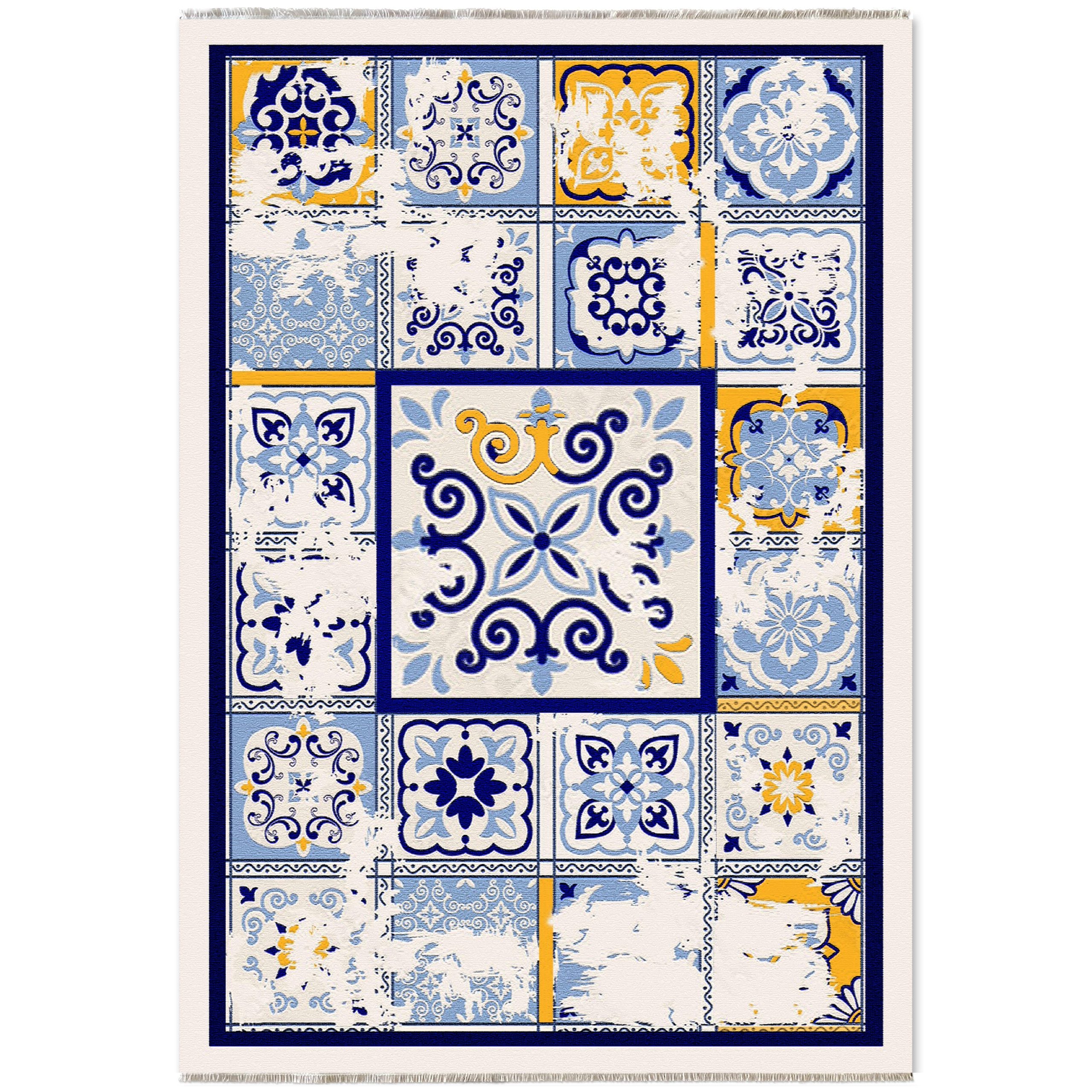 Netline Home Blue Navy Yellow Gold Ethnic Machine Washable Chenille Rug Design NH7063 - Hilltop Photoshoot - Netline Home