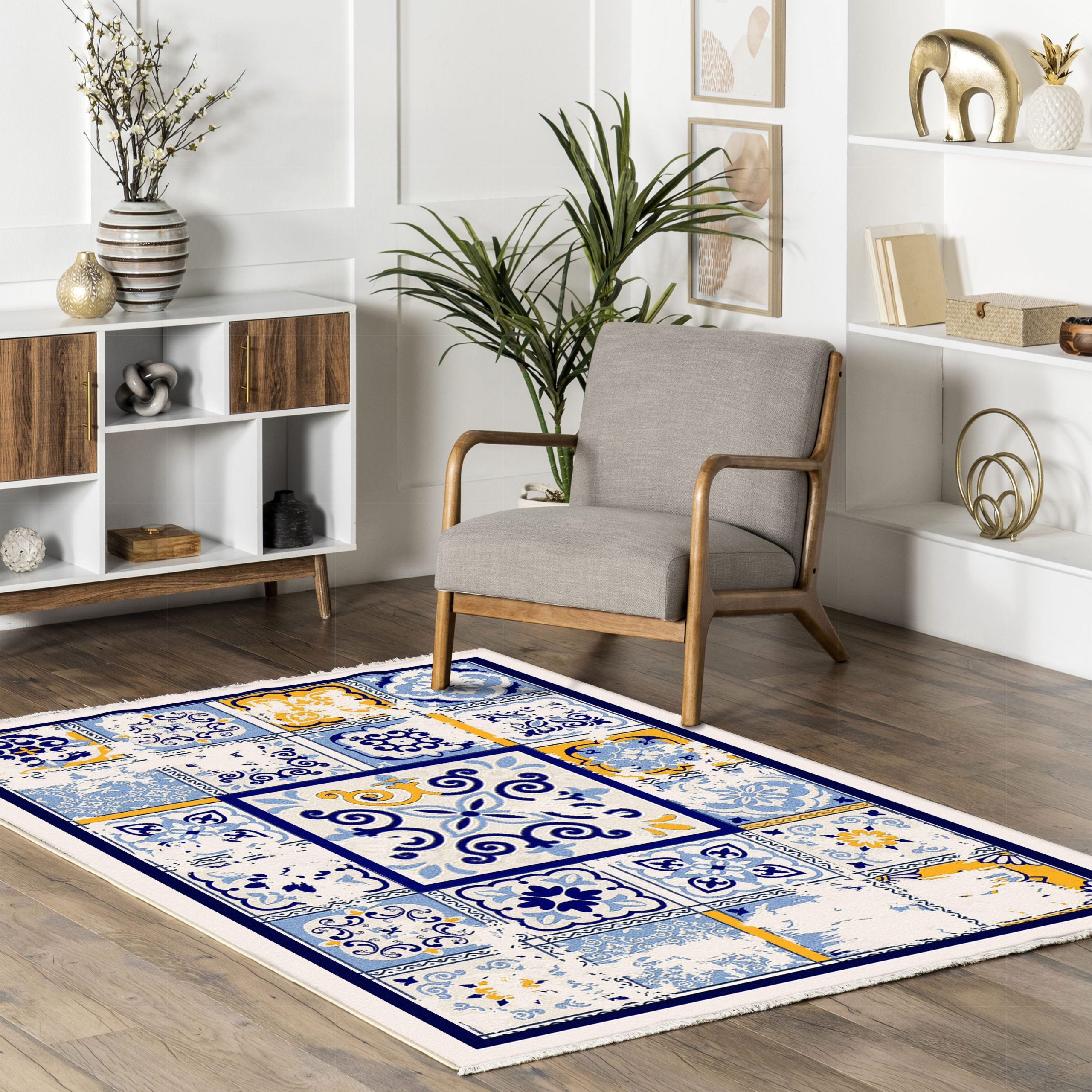 Netline Home Blue Navy Yellow Gold Ethnic Machine Washable Chenille Rug Design NH7063 - Gallery Image 8 - Netline Home