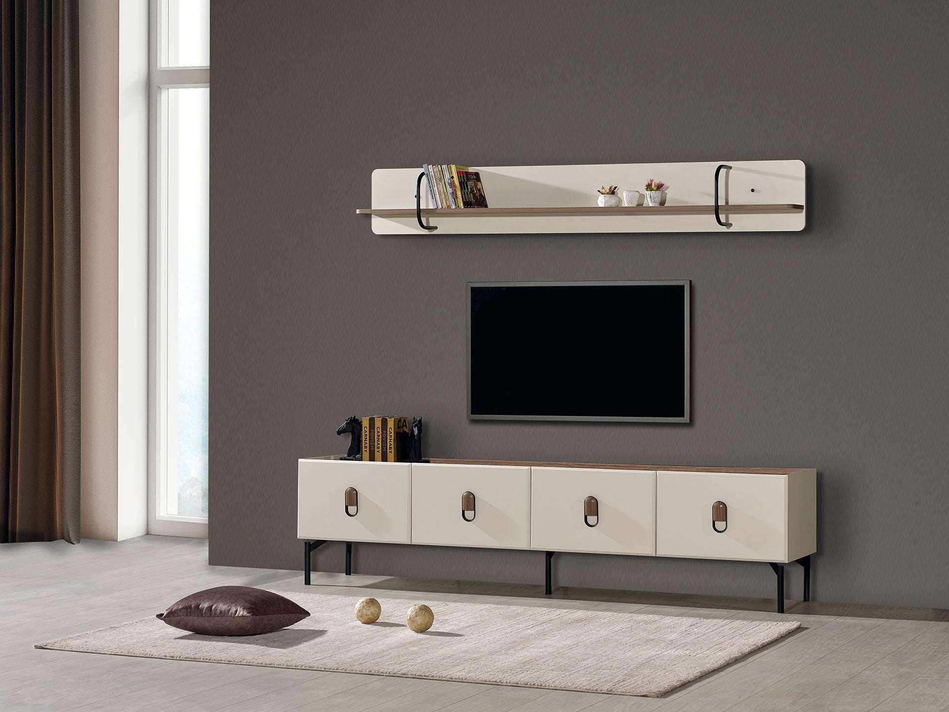 Modern Netline Home Interior smart TV unit with sleek design and storage compartments, perfect for living room entertainment setup.