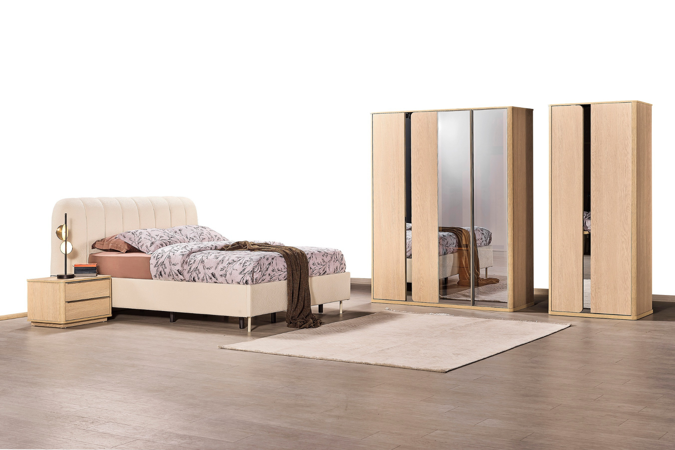 Elegant Perla bedroom furniture set by Netline Home Interior, featuring a stylish bed, nightstands, and matching decor.