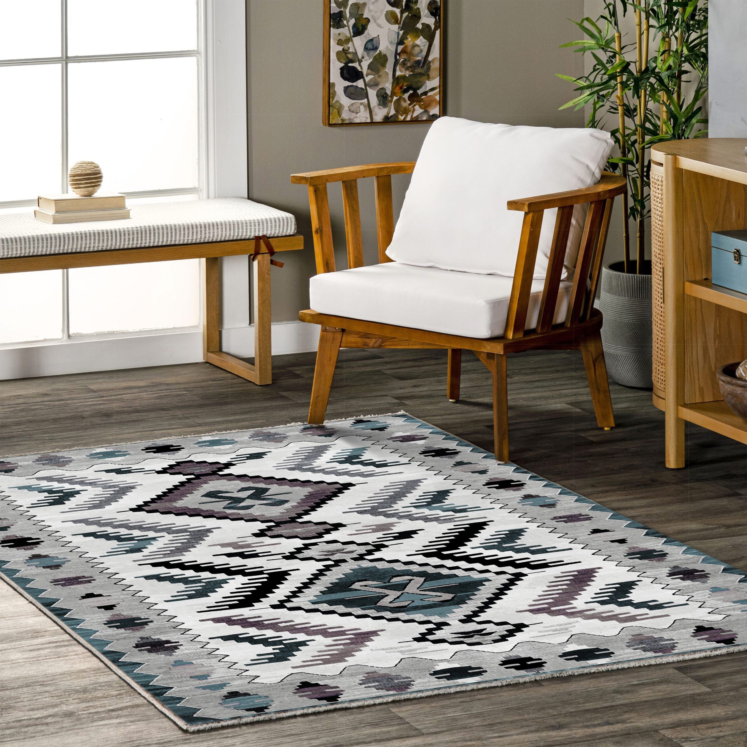 Netline Home Green Khaki Ethnic Machine Washable Chenille Rug Design NH7065 - Gallery Image 5 - Netline Home