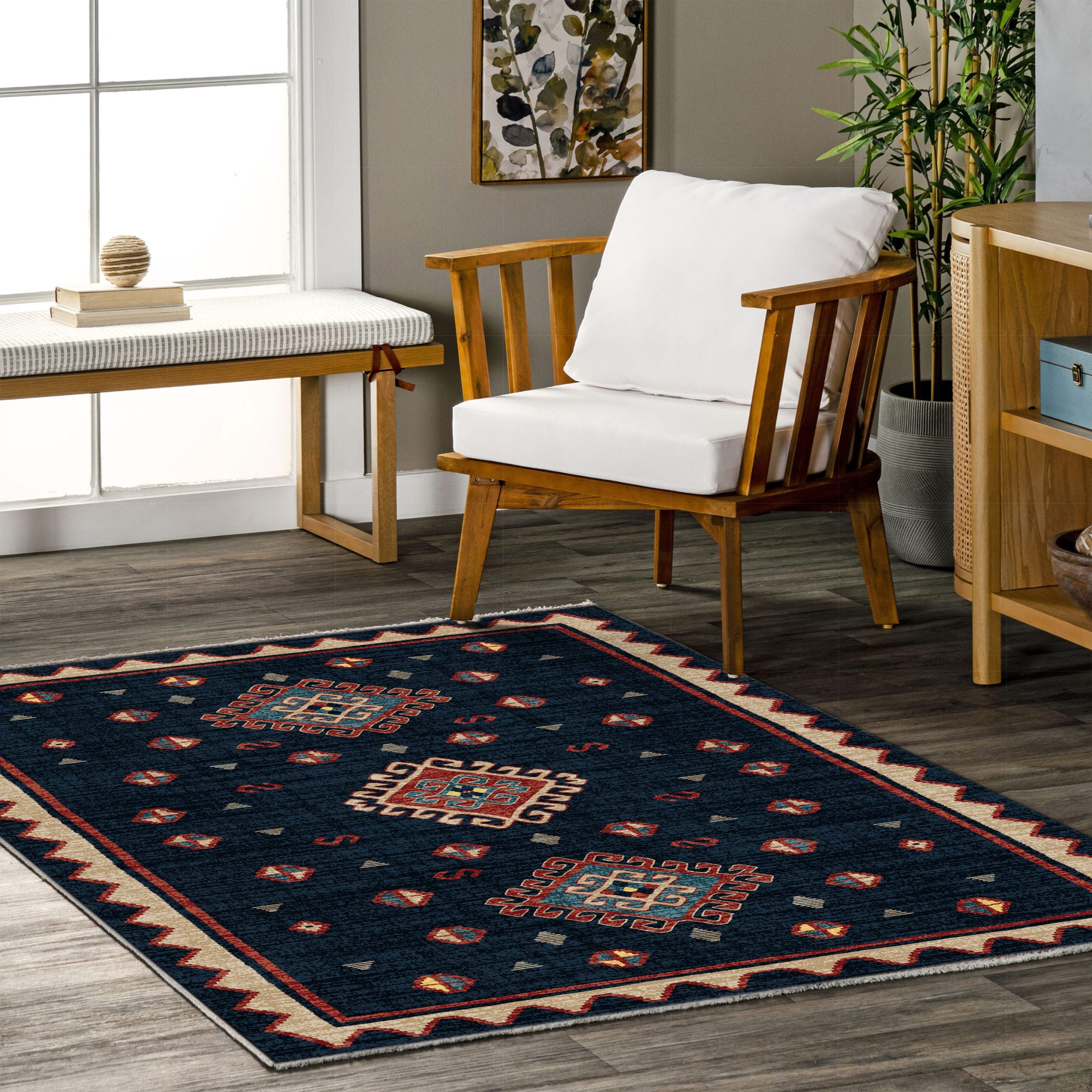 Netline Home Blue Navy Ethnic Classic Machine Washable Chenille Rug Design NH7068 - Gallery Image 5 - Netline Home