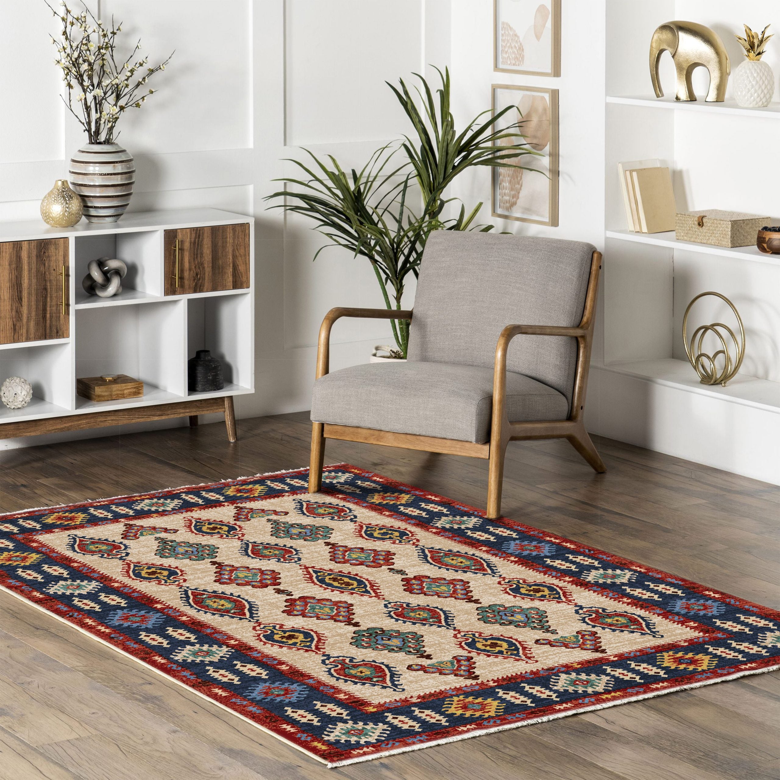 Netline Home Blue Navy Mink Brown Ethnic Classic Machine Washable Chenille Rug Design 446-01 - Gallery Image 8 - Netline Home