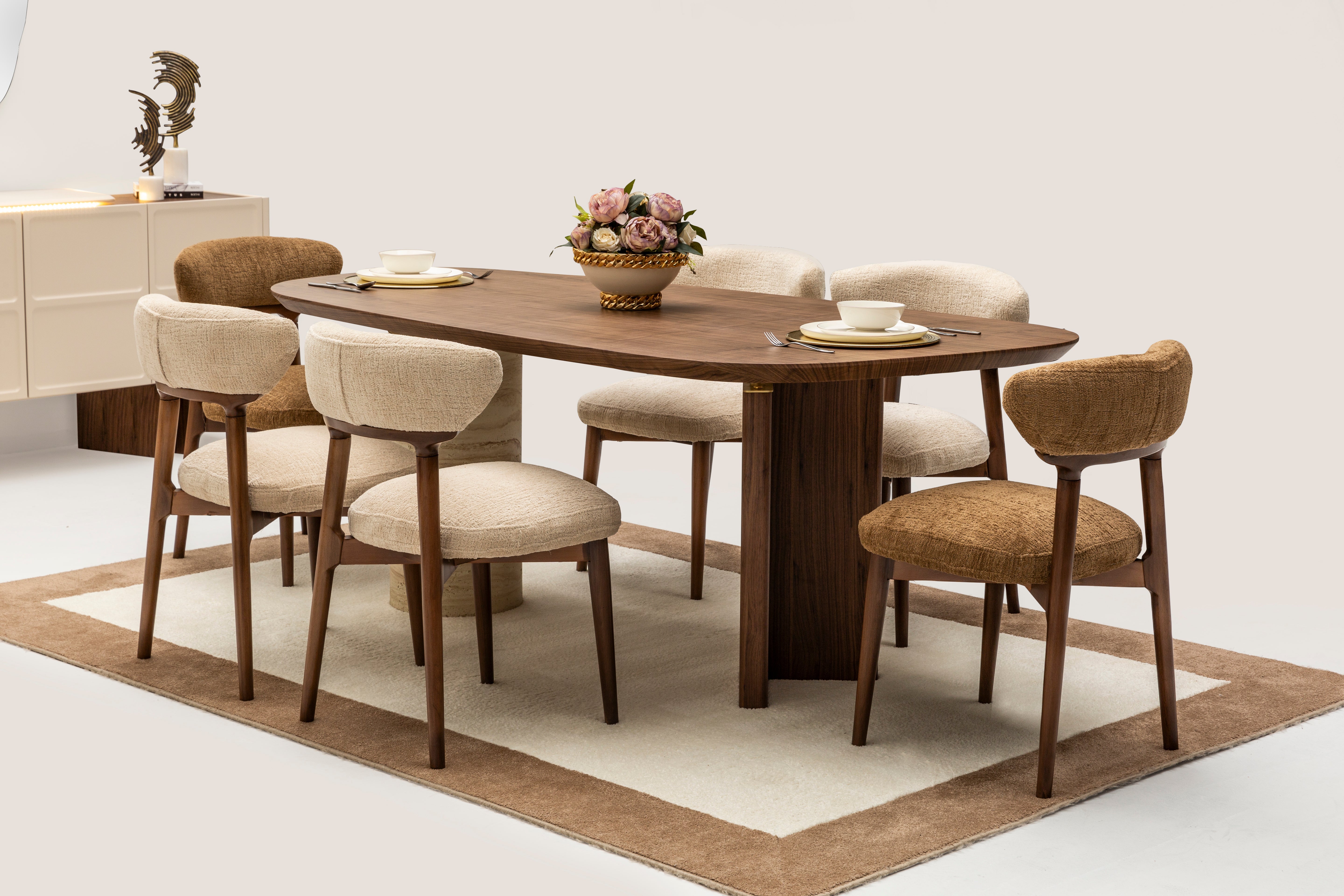 Modern dining room furniture set by Netline Home Interior, featuring a stylish dining table and chairs in a contemporary design.