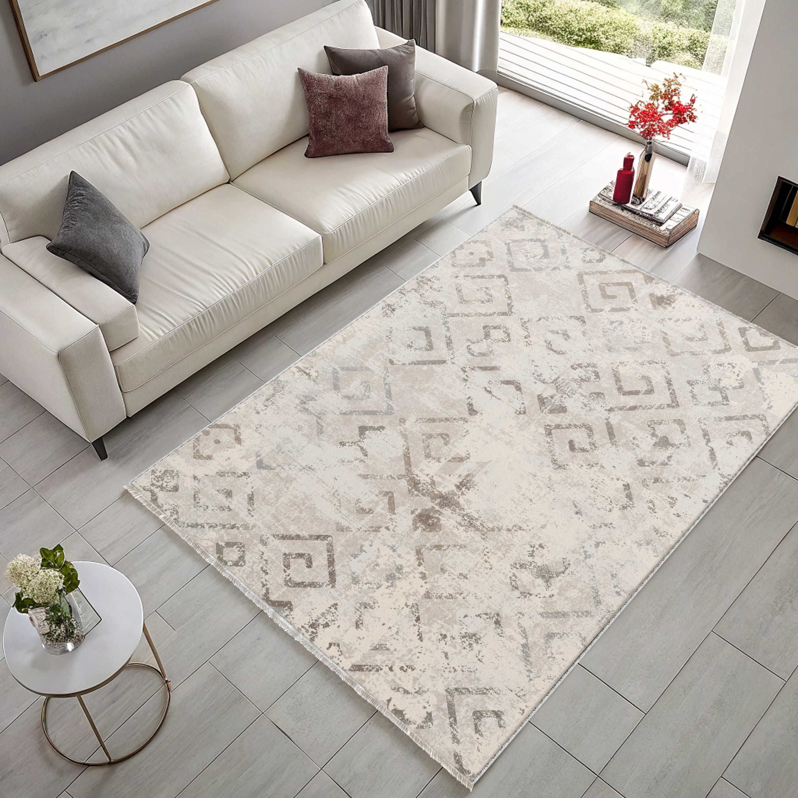 Netline Home Mink Brown Geometric Modern Kitchen Vintage Machine Washable Chenille Rug Design 324 - Detailed Photoshoot - Netline Home