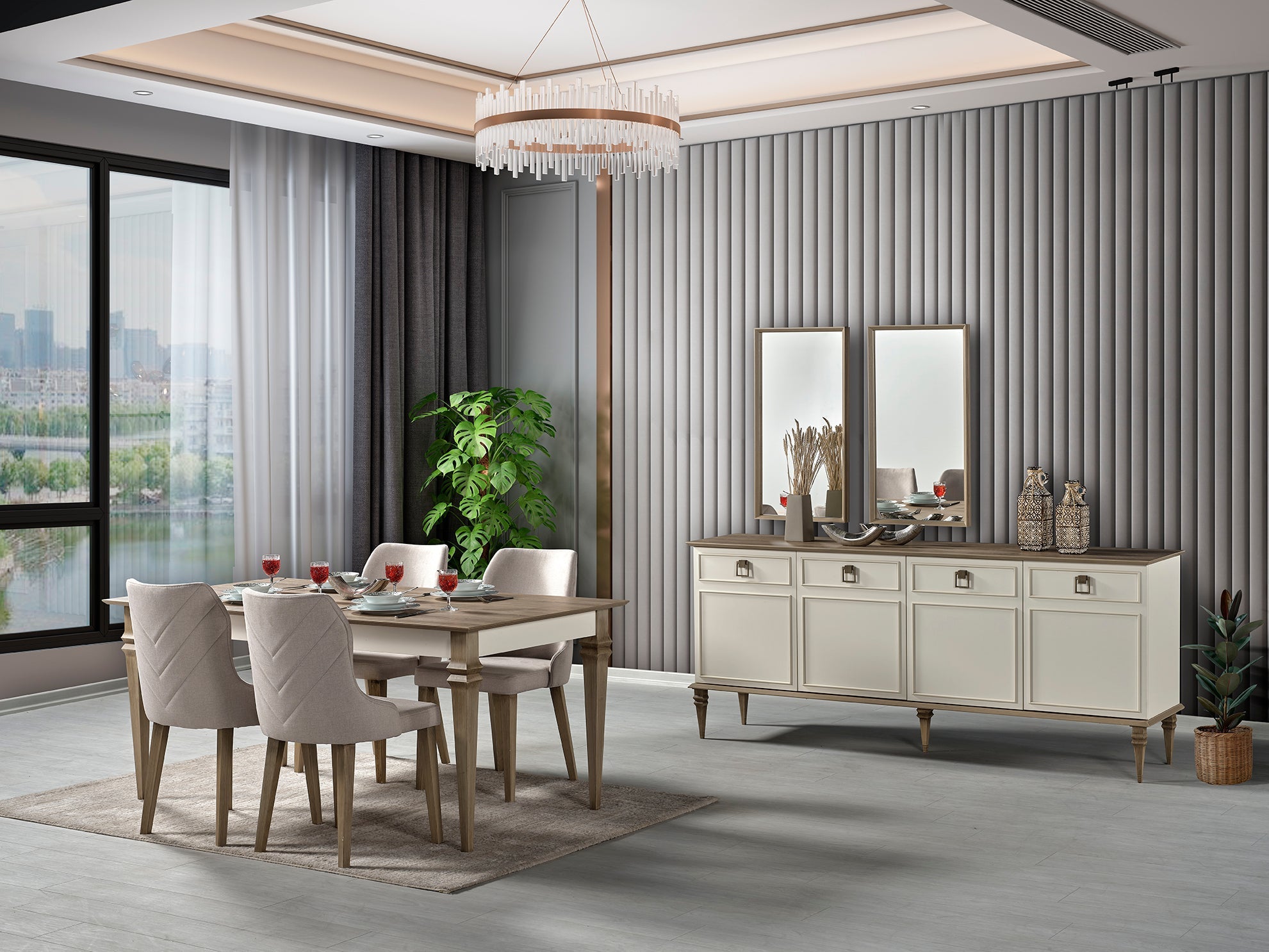 Modern Sahra dining room set by Netline Home Interior with a table and matching chairs in a contemporary style.