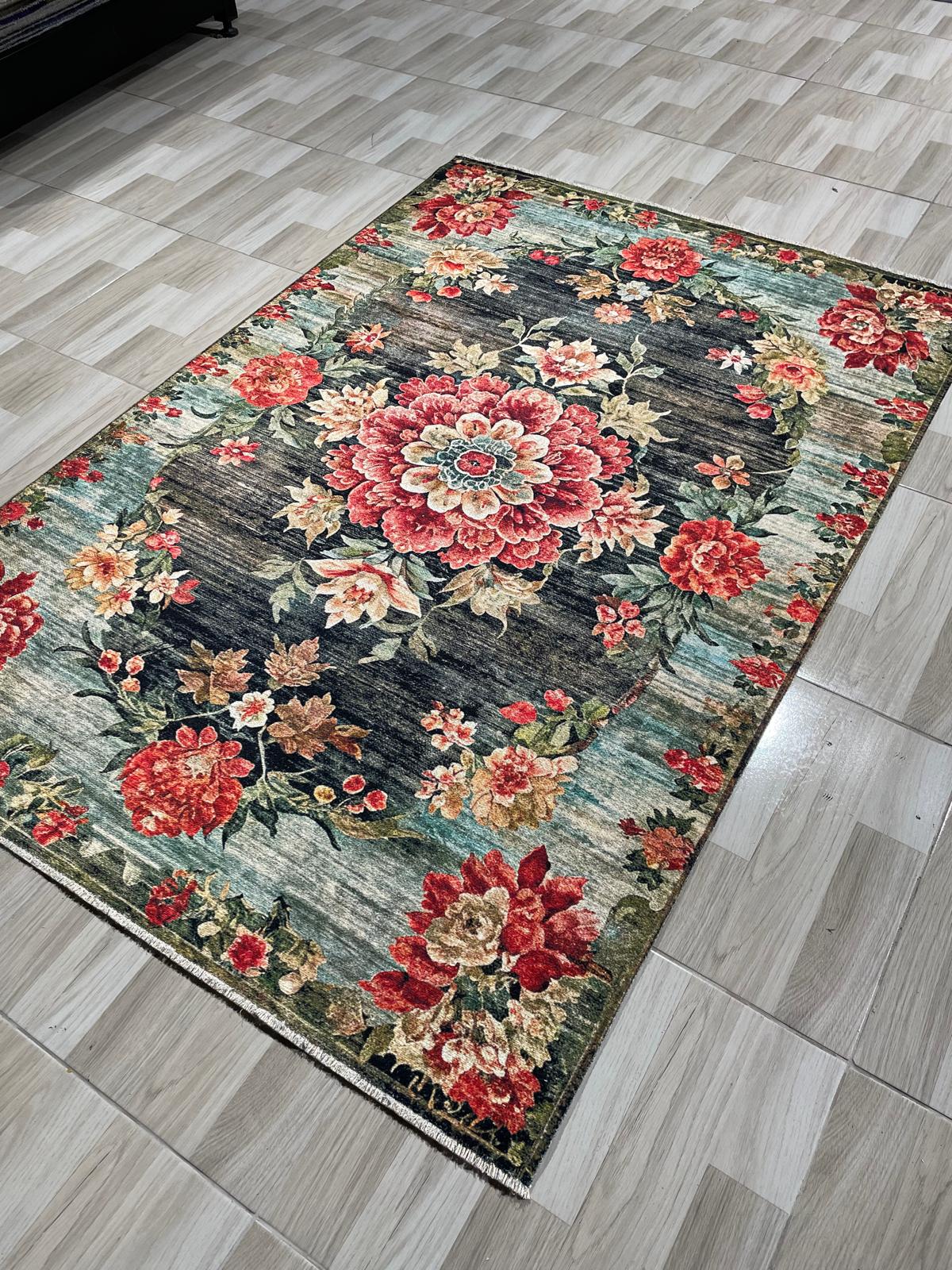 Netline Home Red Burgundy Black Anthracite Green Khaki Ethnic Machine Washable Chenille Rug Design 606-01 - Gallery Image 5 - Netline Home