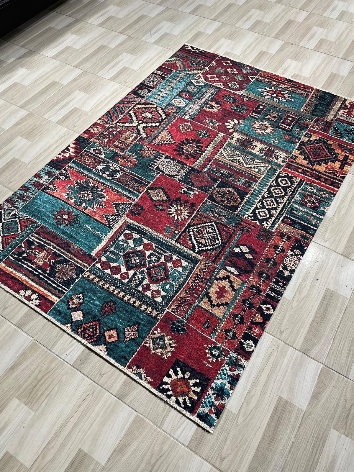 Netline Home Red Burgundy Green Khaki Ethnic Machine Washable Chenille Rug Design 609-01 - Gallery Image 5 - Netline Home