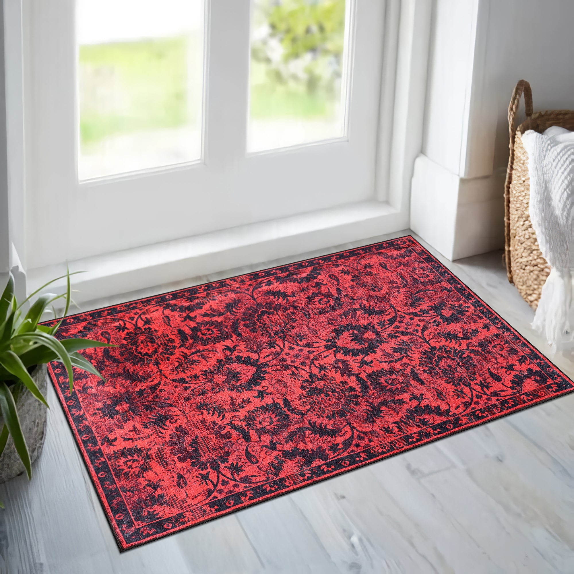 Netline Home Rugs Depot RW1010 – Machine Washable Red Vintage Floral Rug | Damask-Inspired Oriental Carpet for Living Room, Bedroom & Dining