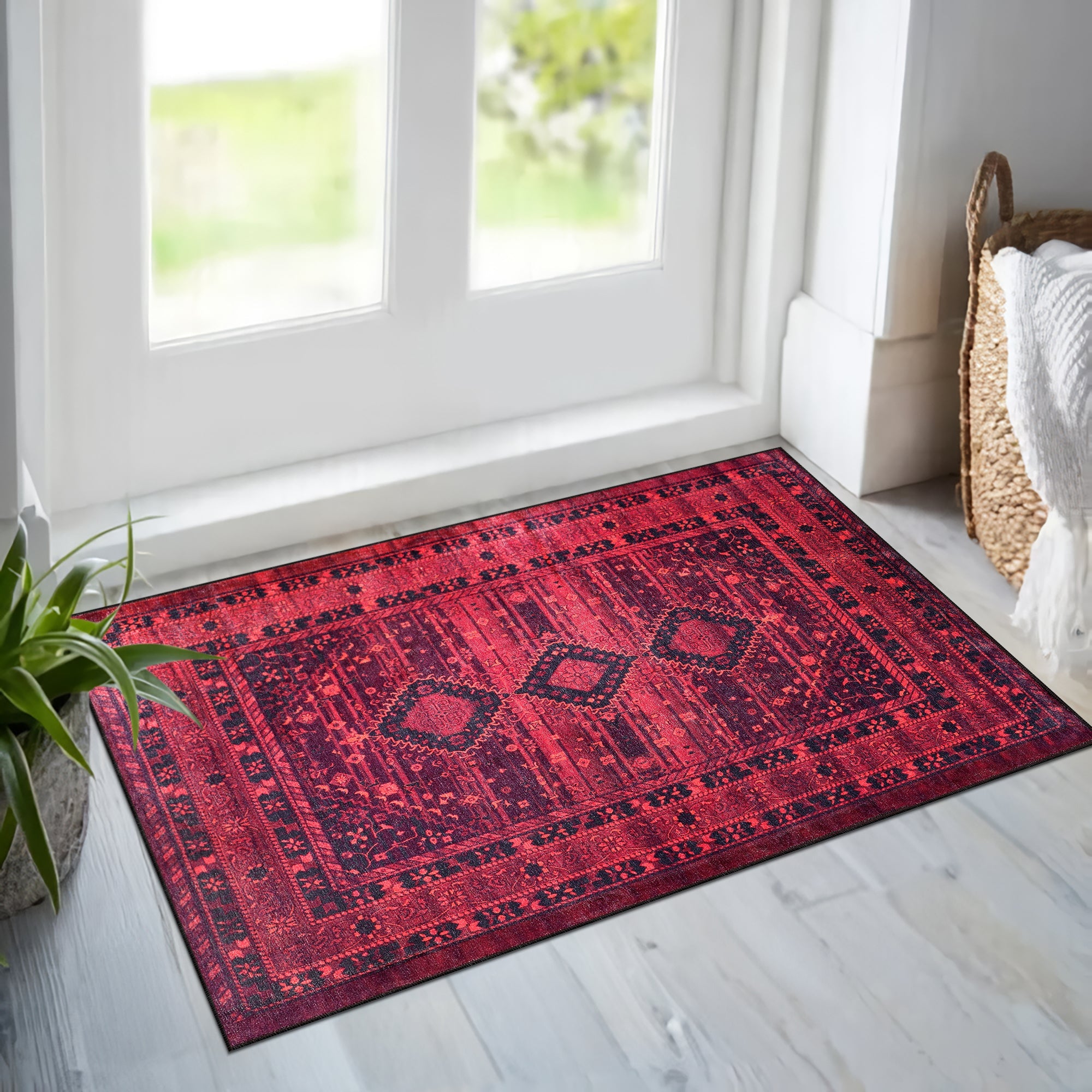Netline Home Rugs Depot RW1009 – Machine Washable Red Tribal Medallion Rug | Oriental Geometric Carpet for Living Room, Bedroom & Office