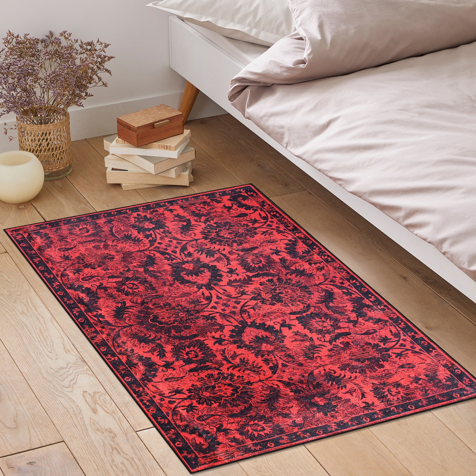 Netline Home Rugs Depot RW1010 – Machine Washable Red Vintage Floral Rug | Damask-Inspired Oriental Carpet for Living Room, Bedroom & Dining