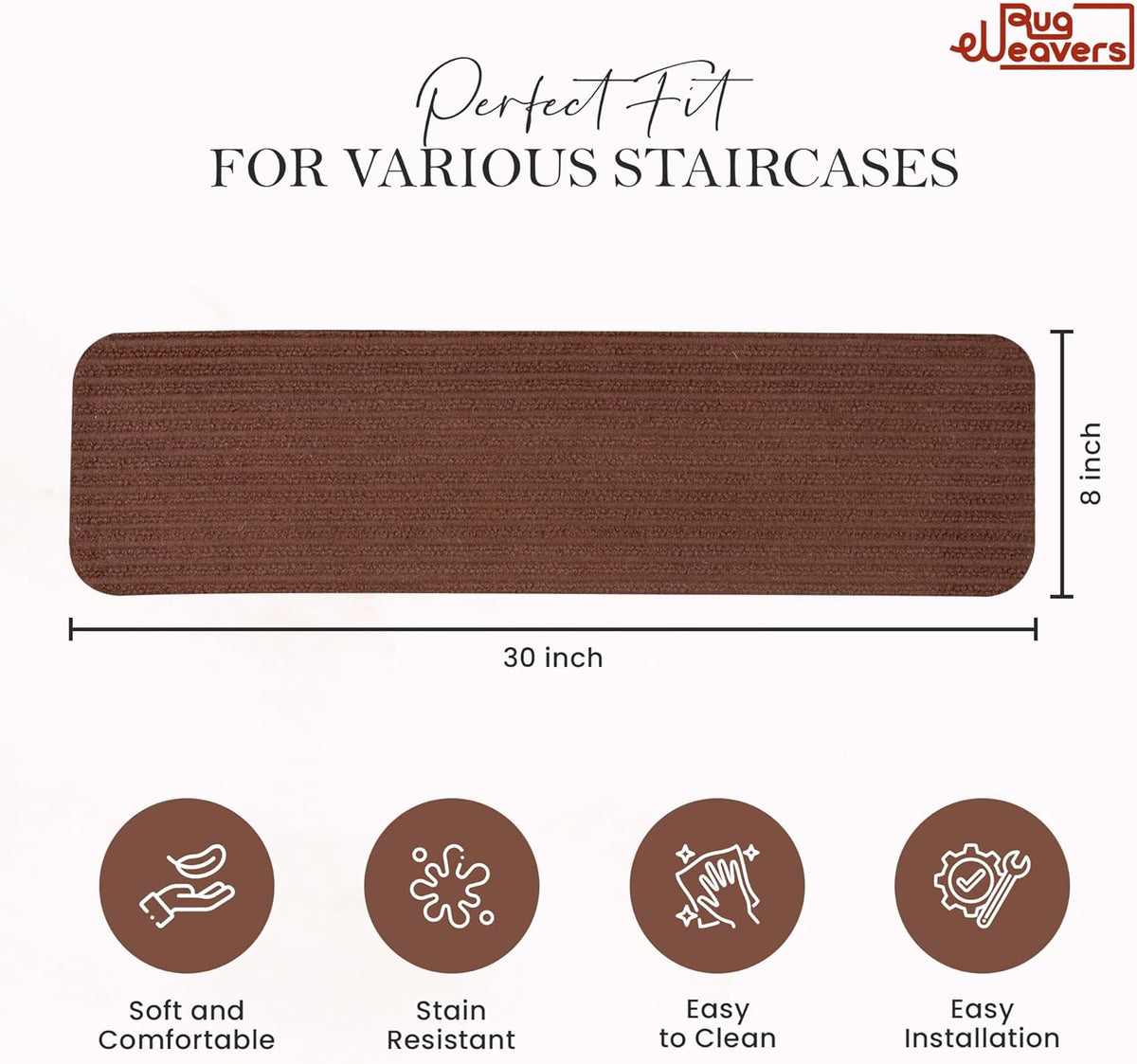 Brown non-slip carpet stair treads by Netline Home, self-adhesive runner rug pads for safety on stairs for kids and pets.