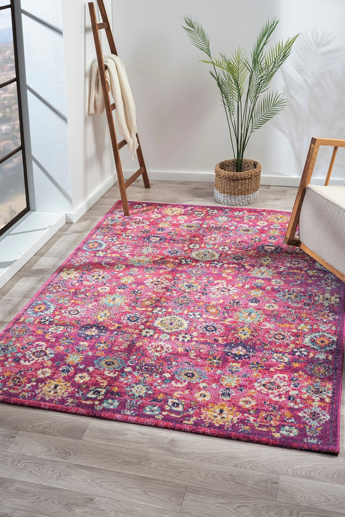 Vintage Area Rug 7653 – Pink Boho Floral Medallion