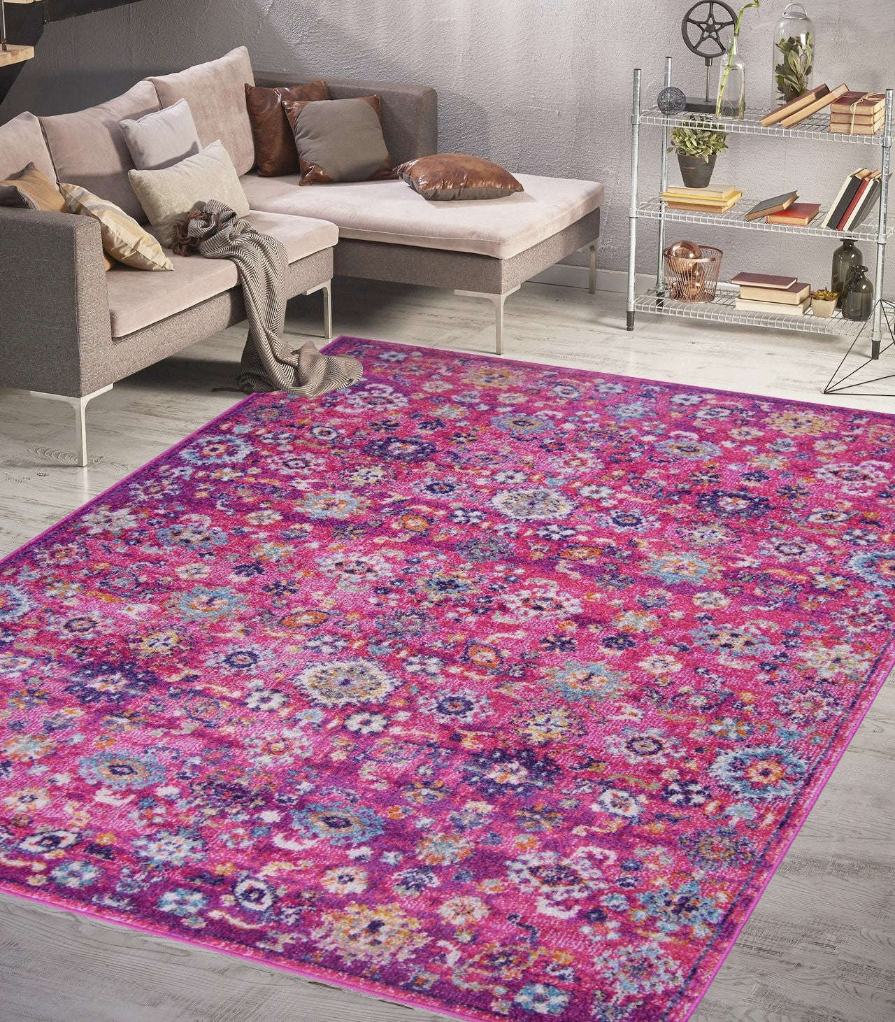 Vintage Area Rug 7653 – Pink Boho Floral Medallion