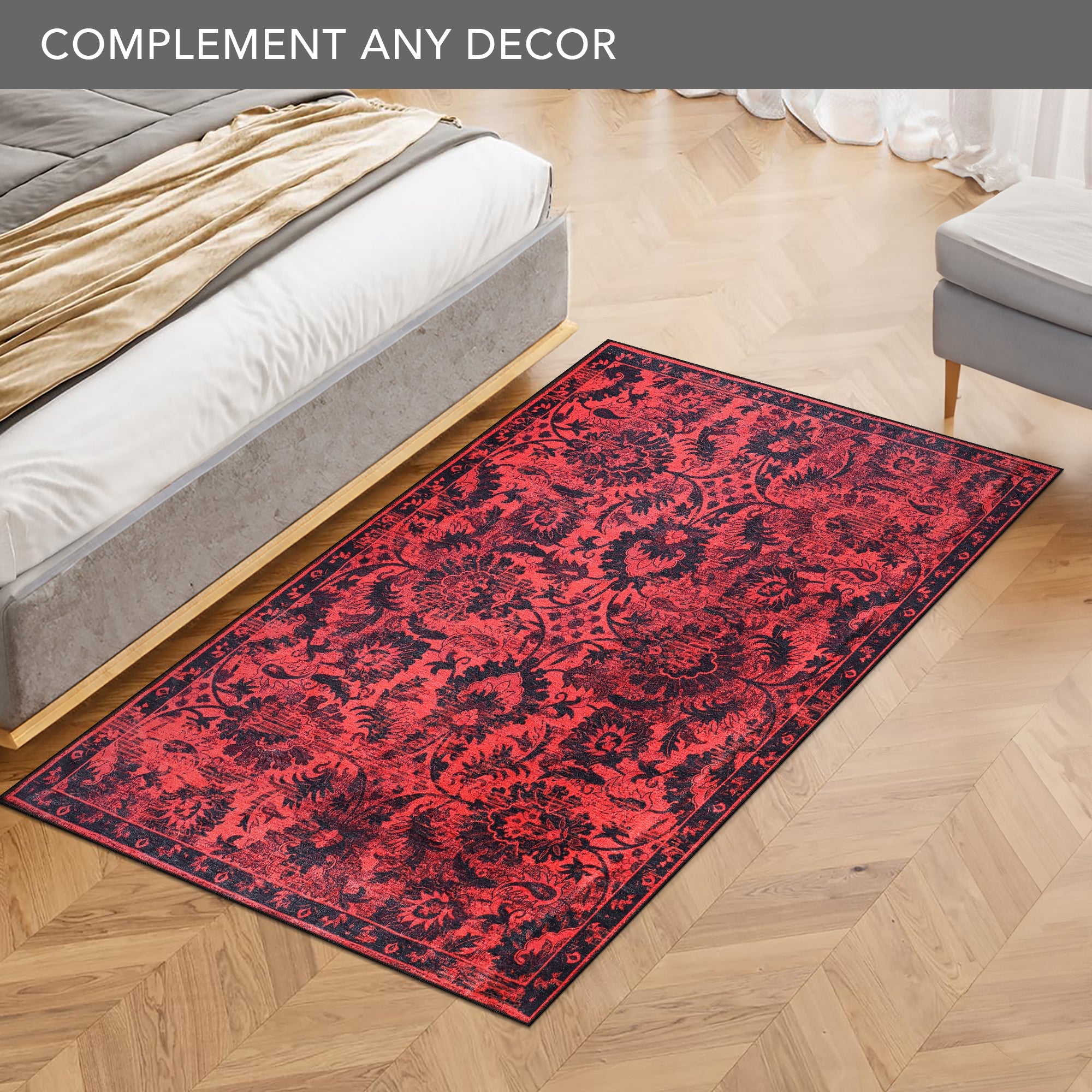 Netline Home Rugs Depot RW1010 – Machine Washable Red Vintage Floral Rug | Damask-Inspired Oriental Carpet for Living Room, Bedroom & Dining