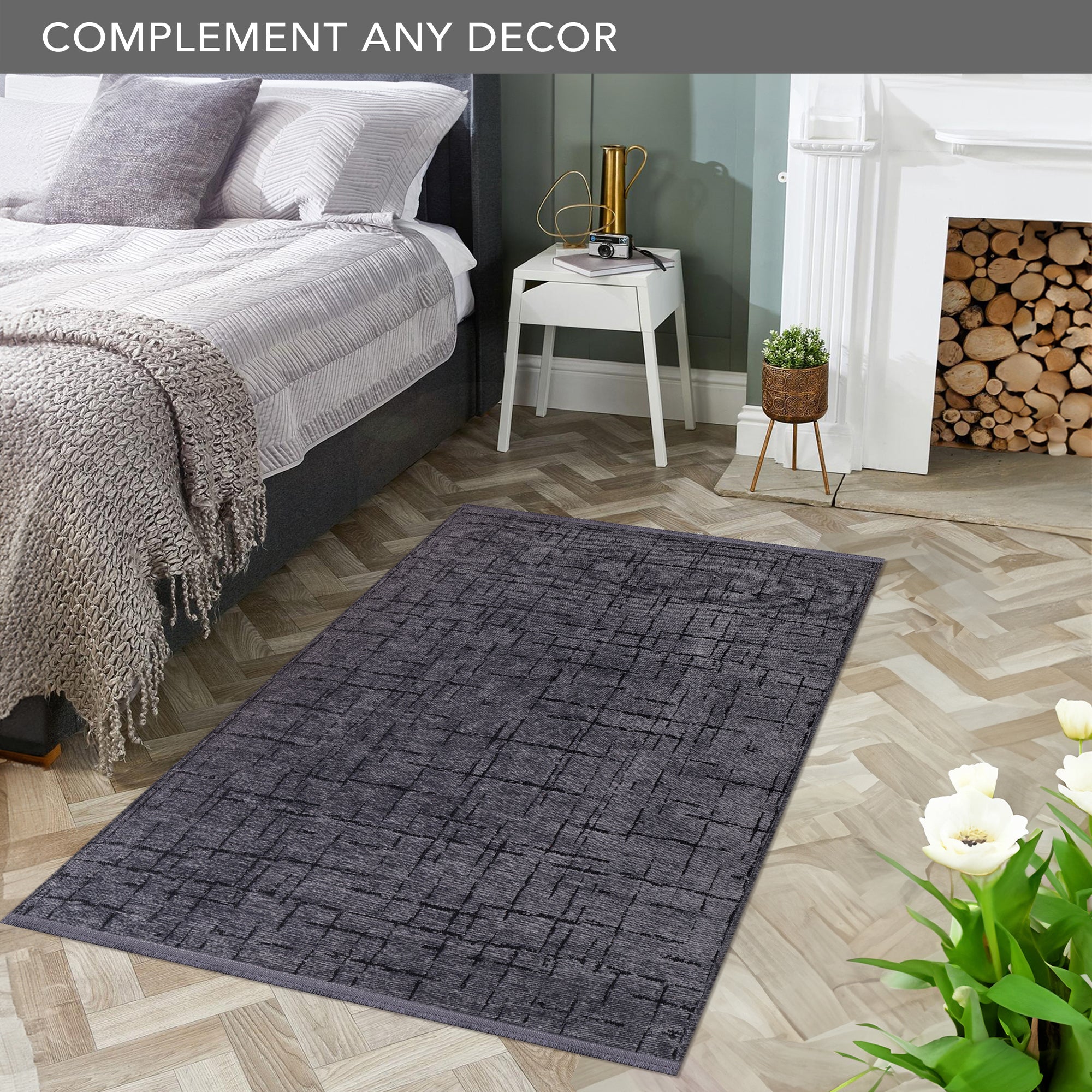 Netline Home Machine Washable Rug NT201 – DARK GRAY Soft Chenille