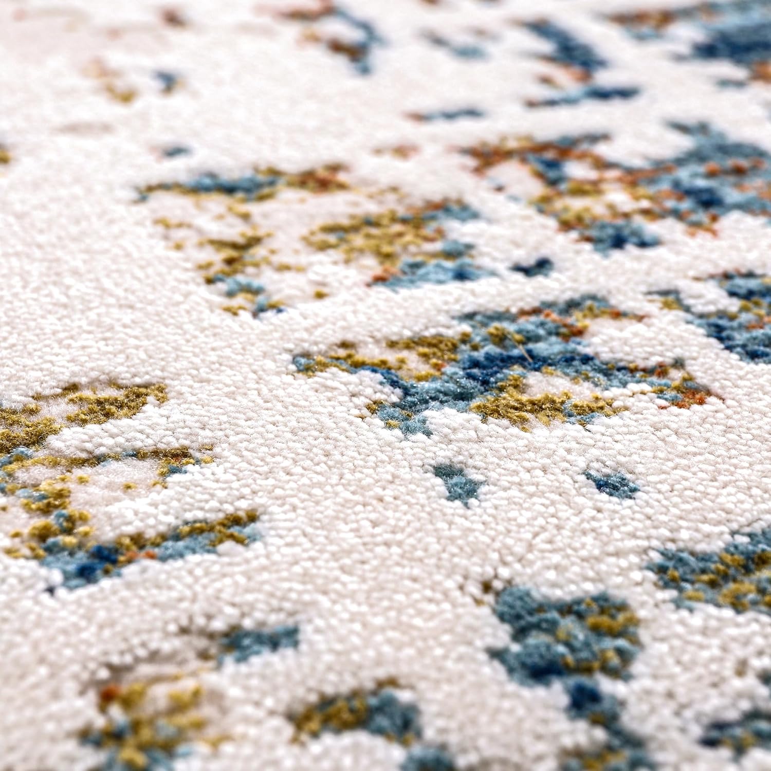 Soft beige and blue bohemian-style area rug for living room, bedroom, or hallway, featuring low pile and contemporary design.