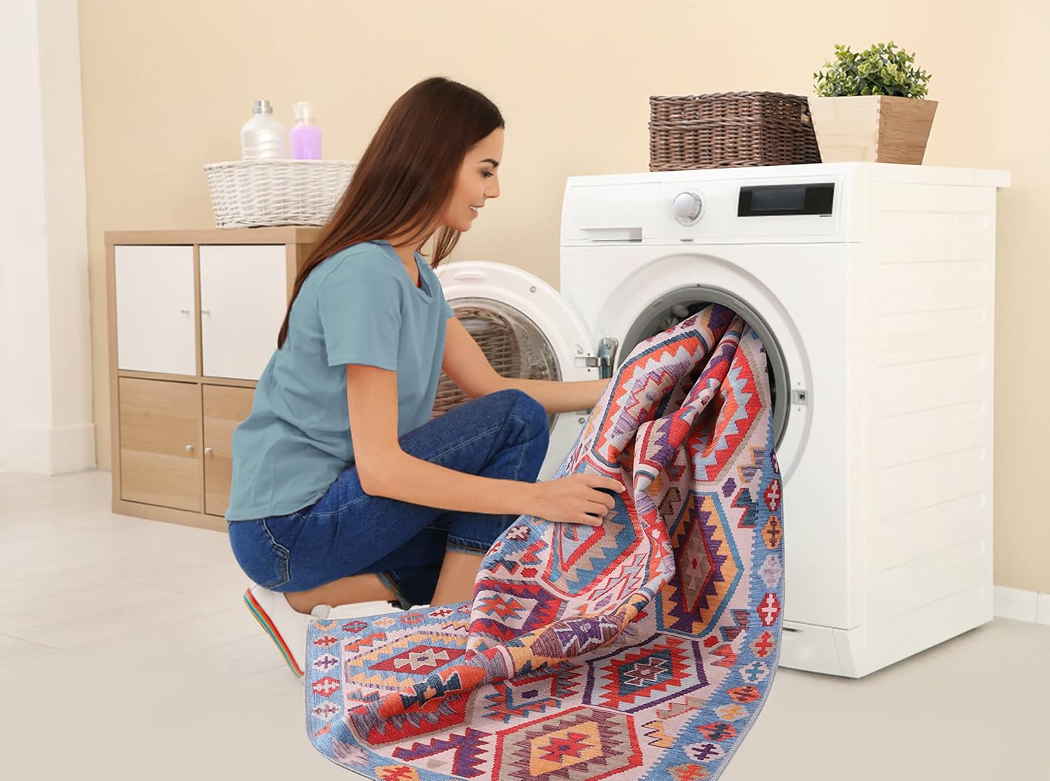 Washable Area Rugs for Living Room Traditional Carpet Low Pile Rug Non Slip Kitchen Rug - Decorative Floor Mat Boho Design Vintage Rug Foldable Hallway Carpets for Bedroom - Multicolor 2