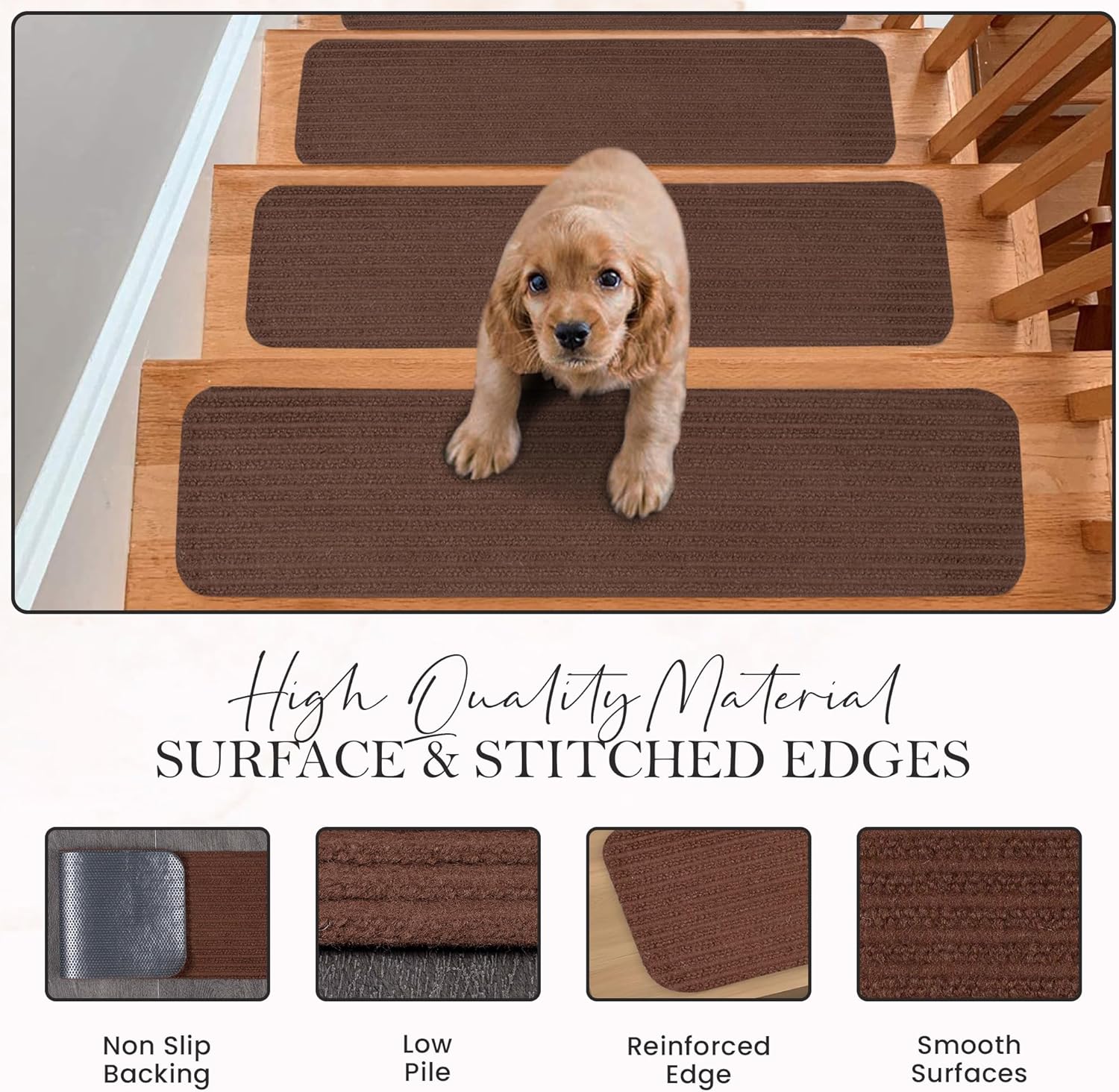 Non-Slip Carpet Stair Treads (7 Pack) - Easy Installation - Safety Protection Anti-Skid Rug Pads for Kids and Pets - Self-Adhesive Step Mats for Stairs – 20 x 76 cm (7, BROWN)
