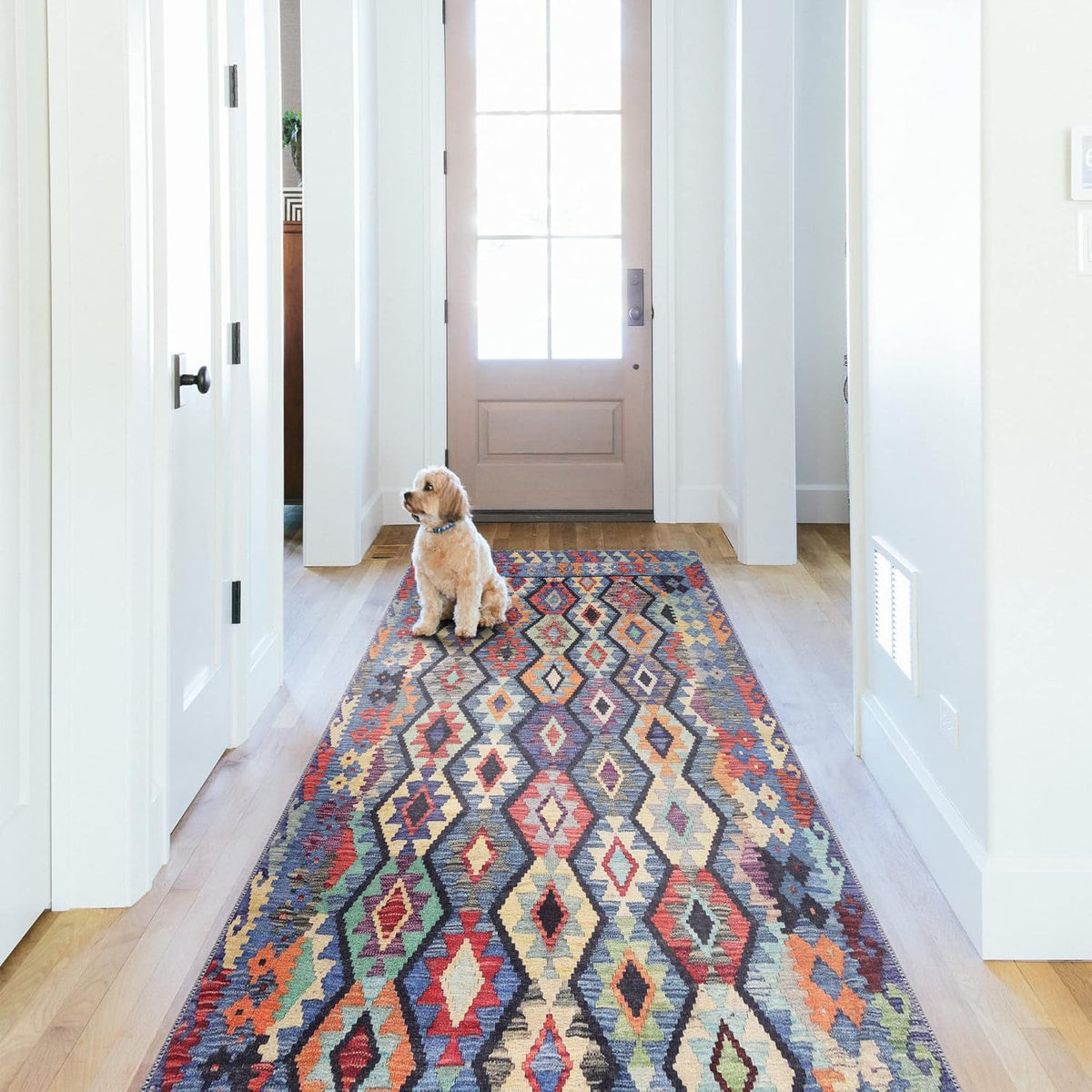 Netline Home washable boho-style runner rug with multicolour traditional flatweave design, non-slip and low pile for living room or hallway.