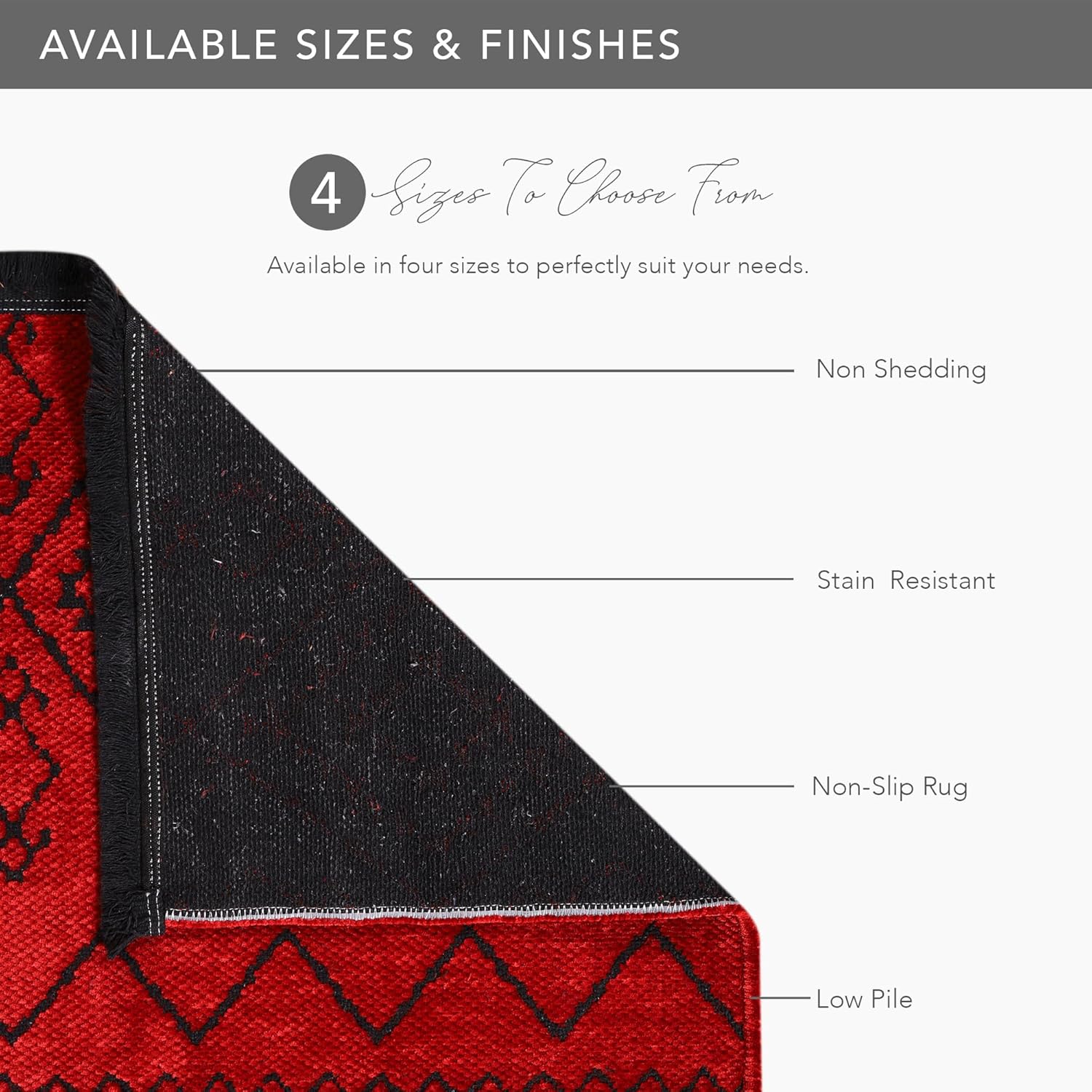 Red machine washable runner rug by Netline Home, low pile, non-slip area rug suitable for living room, bedroom, or kitchen.
