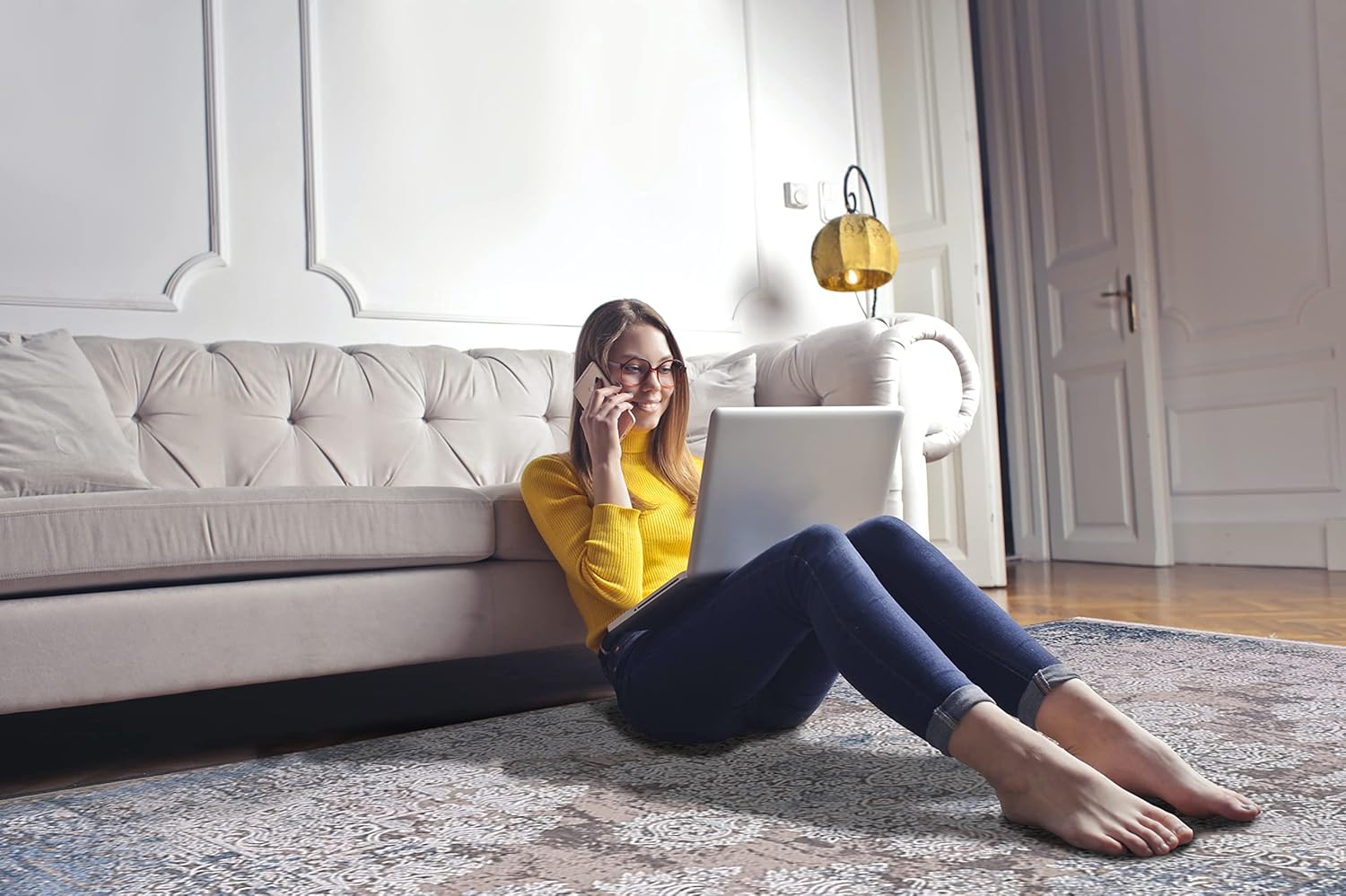 Area Rugs For Living Room, Bedroom, Dining Room, Kitchen | Oriental Design Carpet | Acrylic Rug | Soft Medium Pile | Stain Resistant | 160 X 230 CM (CREAM BLUE GOLD)