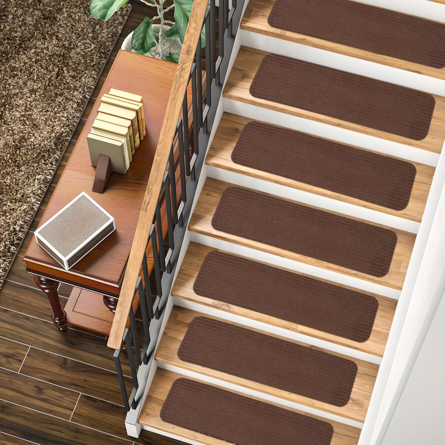 Non-Slip Carpet Stair Treads (7 Pack) - Easy Installation - Safety Protection Anti-Skid Rug Pads for Kids and Pets - Self-Adhesive Step Mats for Stairs – 20 x 76 cm (7, BROWN)