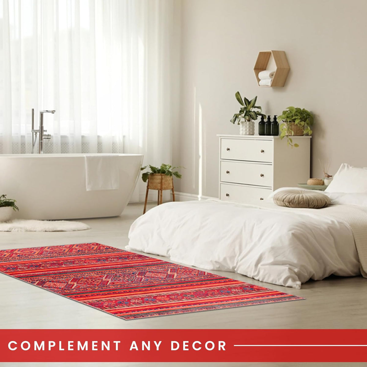 Machine washable red tribal kilim rug with multicolor geometric stripes, ideal for living room, bedroom, or dining area.