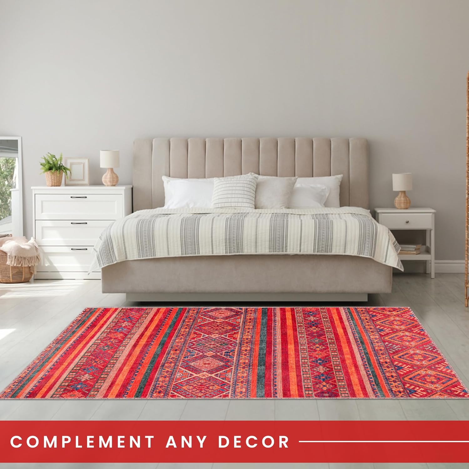 Red tribal Kilim rug by Netline Home featuring multicolor geometric stripes, machine washable for living room, bedroom, or dining room.