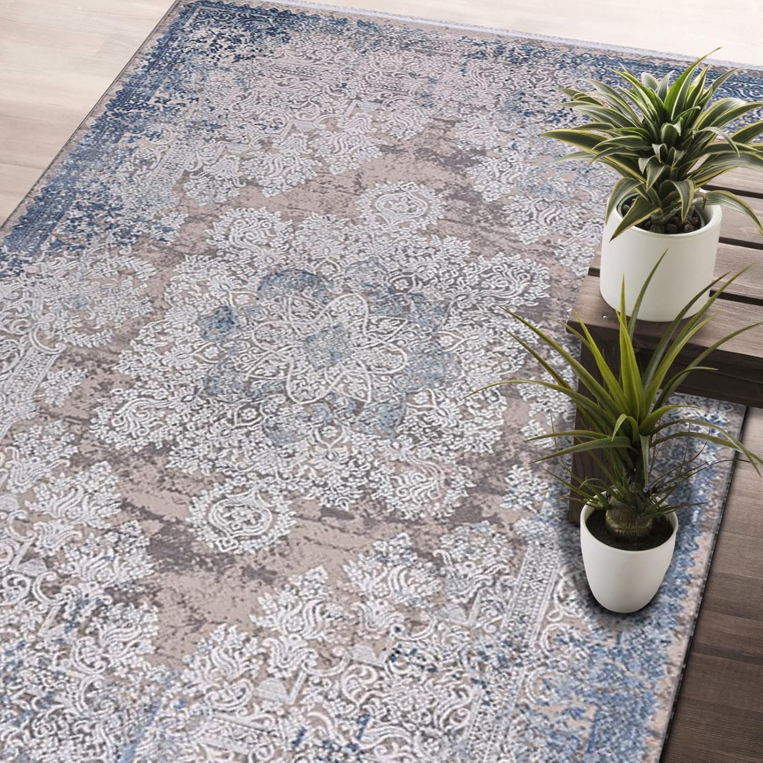 Area Rugs For Living Room, Bedroom, Dining Room, Kitchen | Oriental Design Carpet | Acrylic Rug | Soft Medium Pile | Stain Resistant | 160 X 230 CM (CREAM BLUE GOLD)