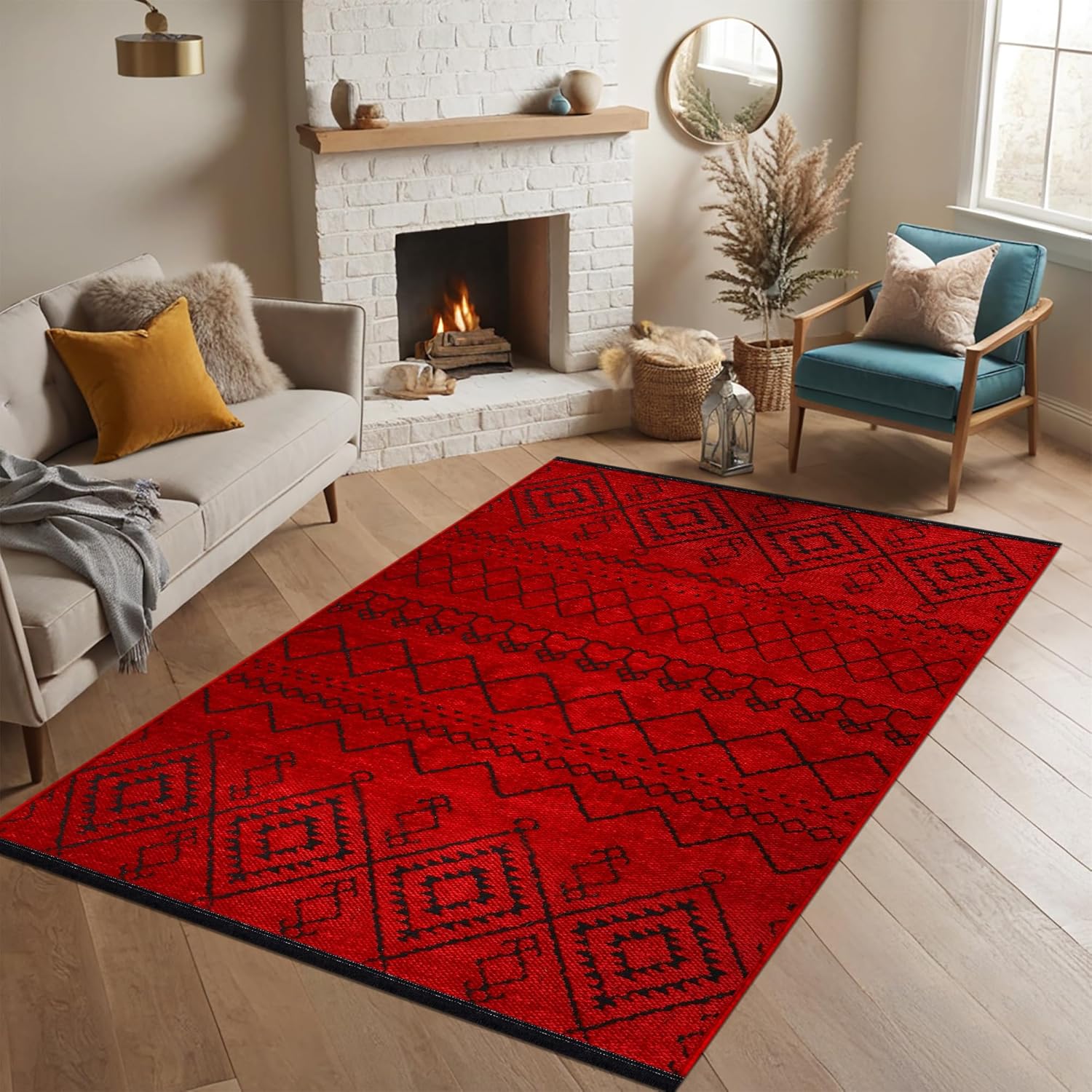 Red machine washable runner rug by Netline Home, low pile, non-slip area rug for living room, bedroom, or kitchen, pet-friendly decor.