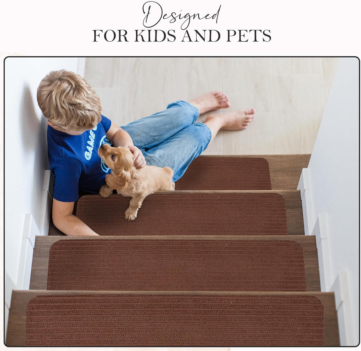 Brown non-slip carpet stair treads by Netline Home, 7-pack, easy to install anti-skid rug pads for stairs with self-adhesive backing.
