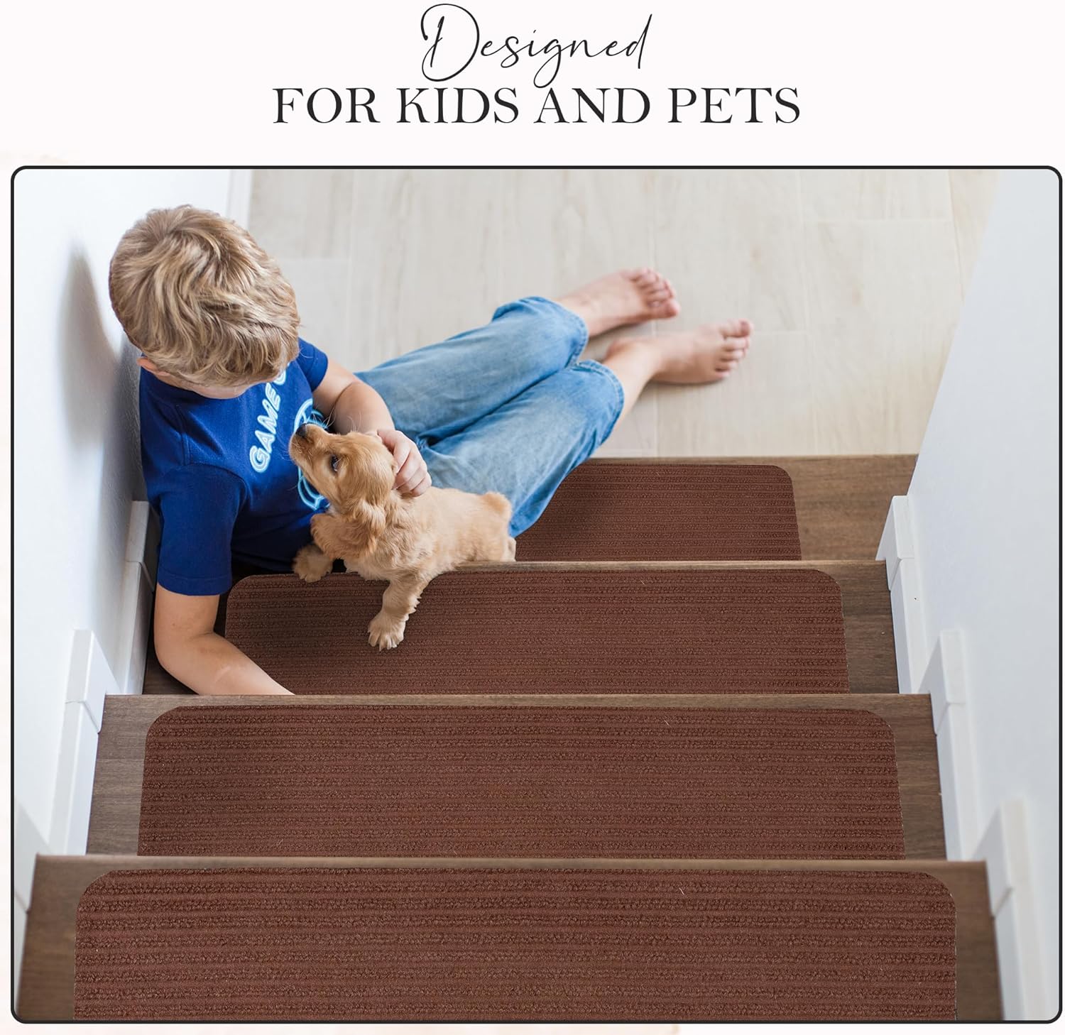 Non-Slip Carpet Stair Treads (7 Pack) - Easy Installation - Safety Protection Anti-Skid Rug Pads for Kids and Pets - Self-Adhesive Step Mats for Stairs – 20 x 76 cm (7, BROWN)