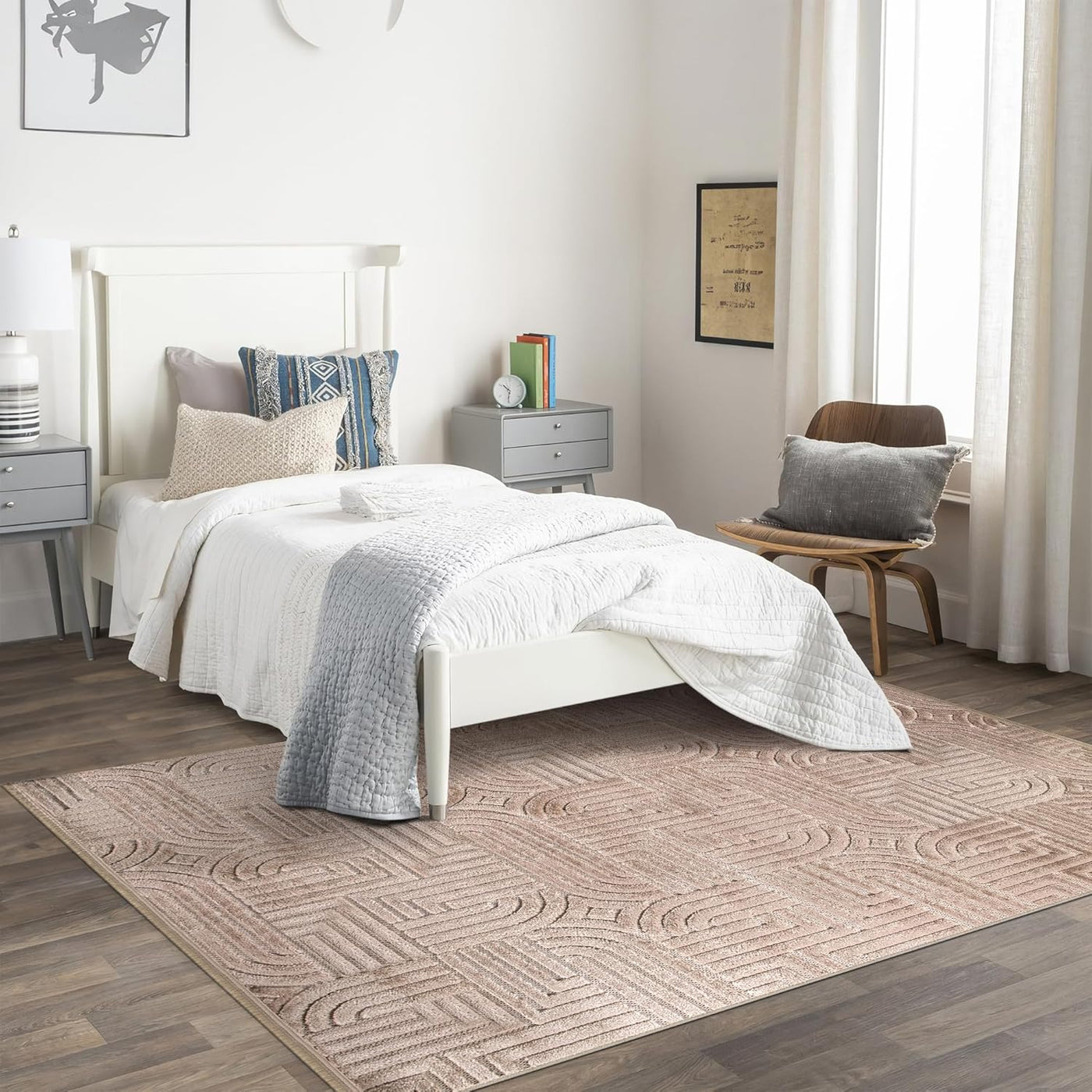 Modern textured polypropylene area rug by Netline Home, taupe geometric design, medium pile, non-shedding for living room or bedroom.